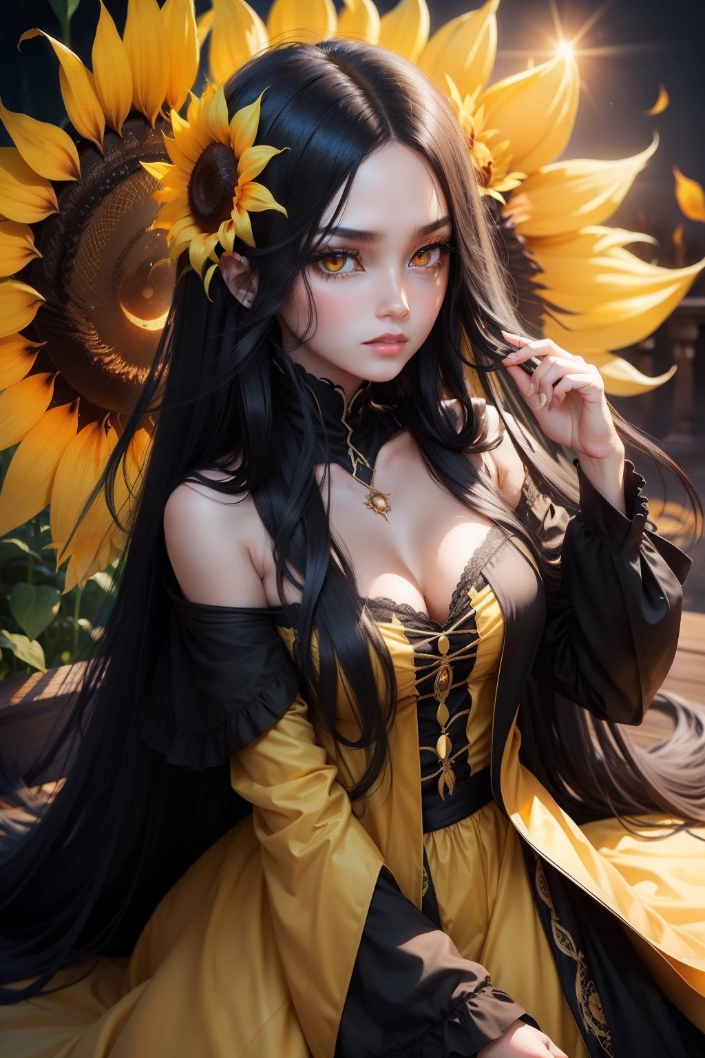 Long black hair bewitching Yellow eyes Sun flower