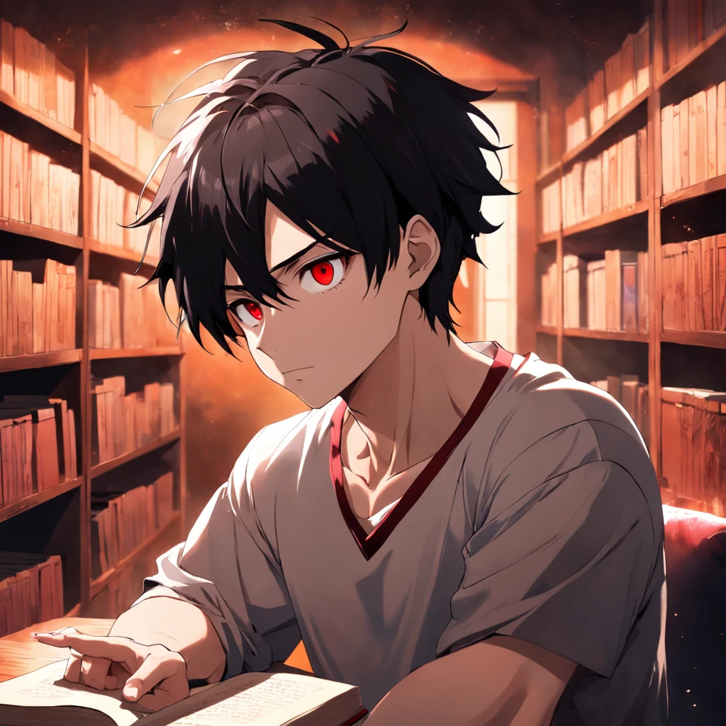In the villa,big hall,21yo,brunette color hair, Handsome guy with red eyes,White T-shirt,black long pants,bookshelves,Look at the book,Bookish temperament