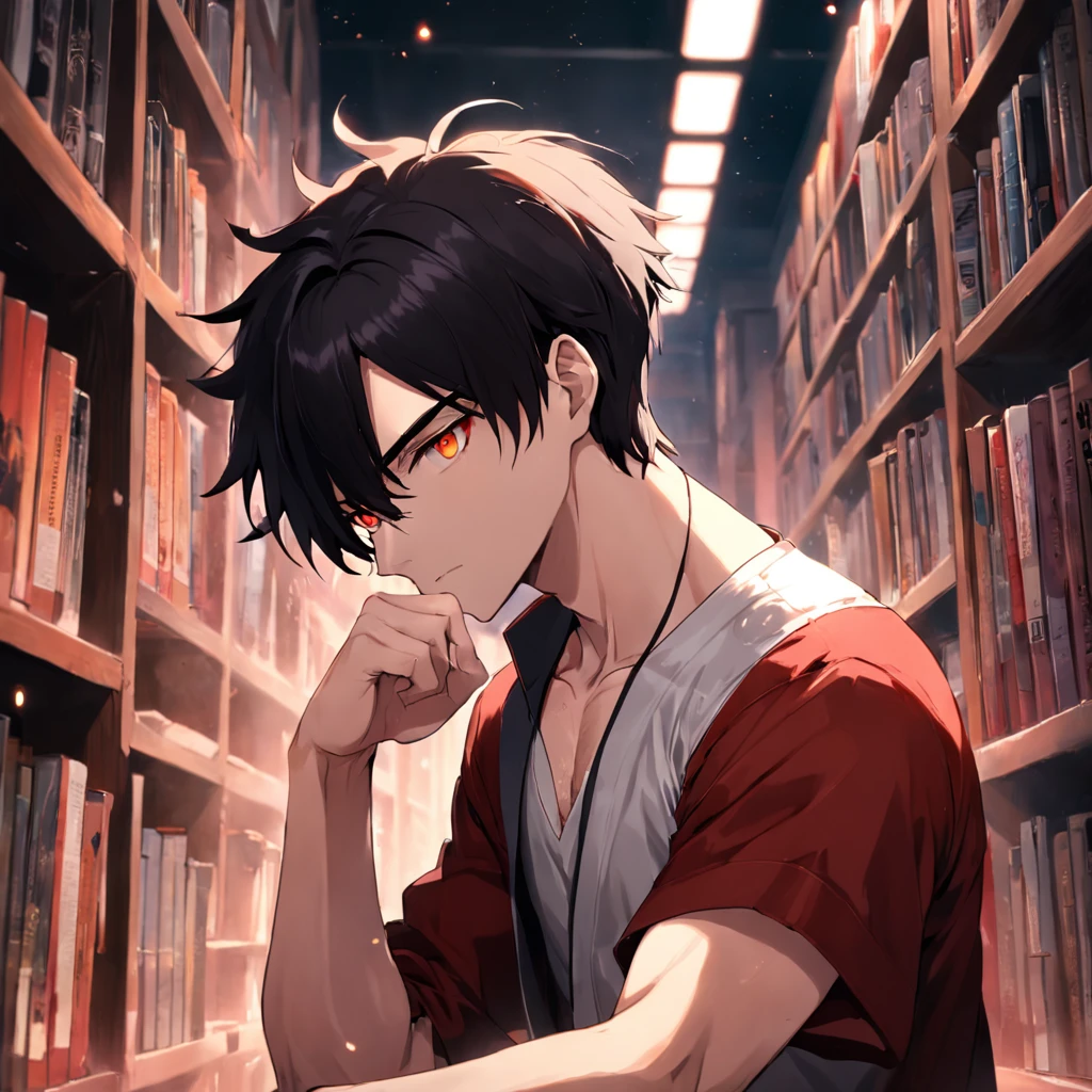 In the villa,big hall,21yo,brunette color hair, Handsome guy with red eyes,White T-shirt,black long pants,bookshelves,Look at the book,Bookish temperament
