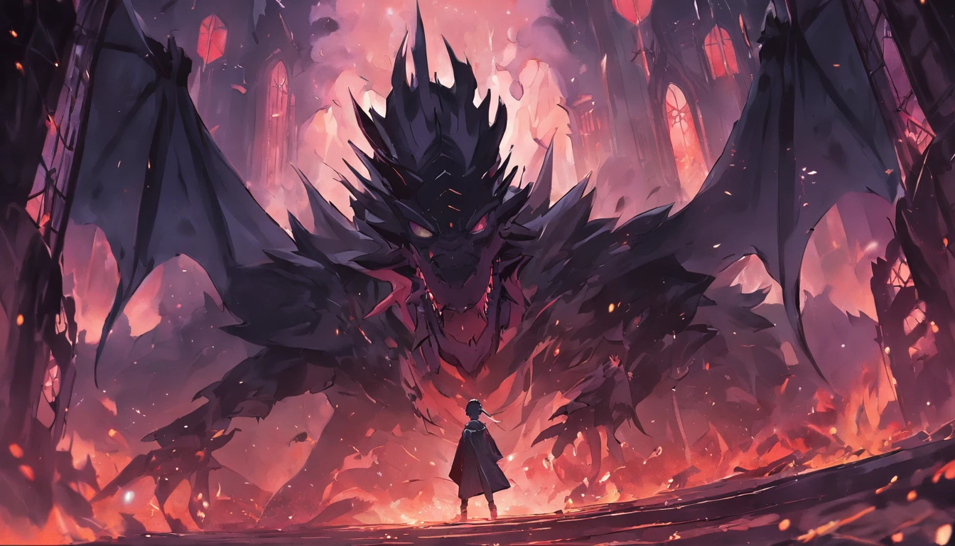 The kingdom is shrouded in darkness，Adrian, the young prince on the castle tower, stood in front of the black dragon，Facing the malicious gaze of the black dragon。The exterior of the castle shows darkness and heaviness。