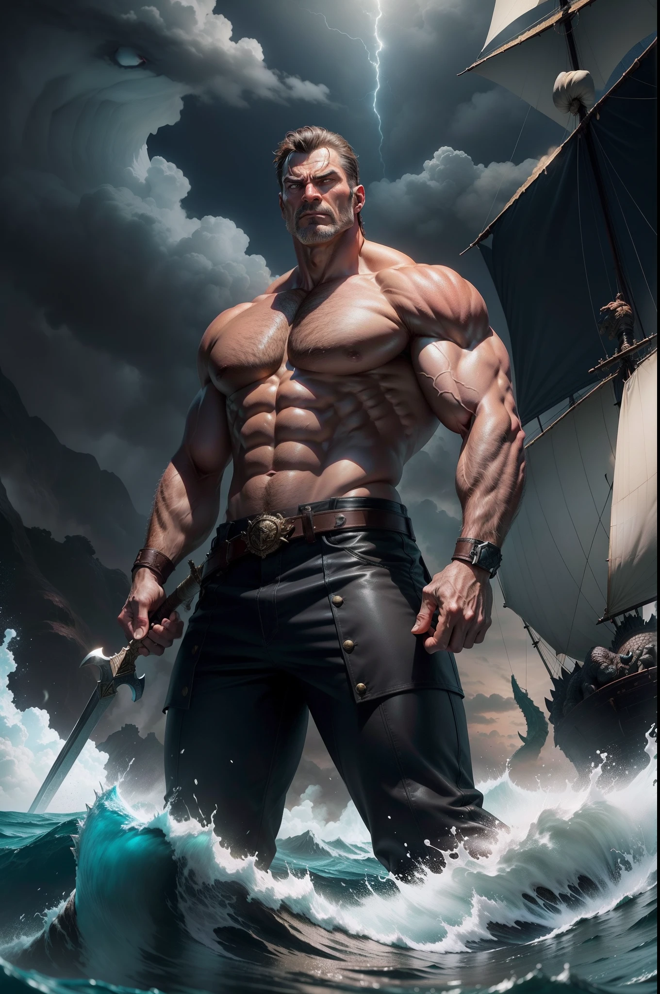 In the dark sea, The muscular captain fights Godzilla,The captain was in his forties,HEIGHT 185CM,There are muscles on the body,Tough facial features,Looks like Dutch,With a sword,There was a fire rain in the sky
