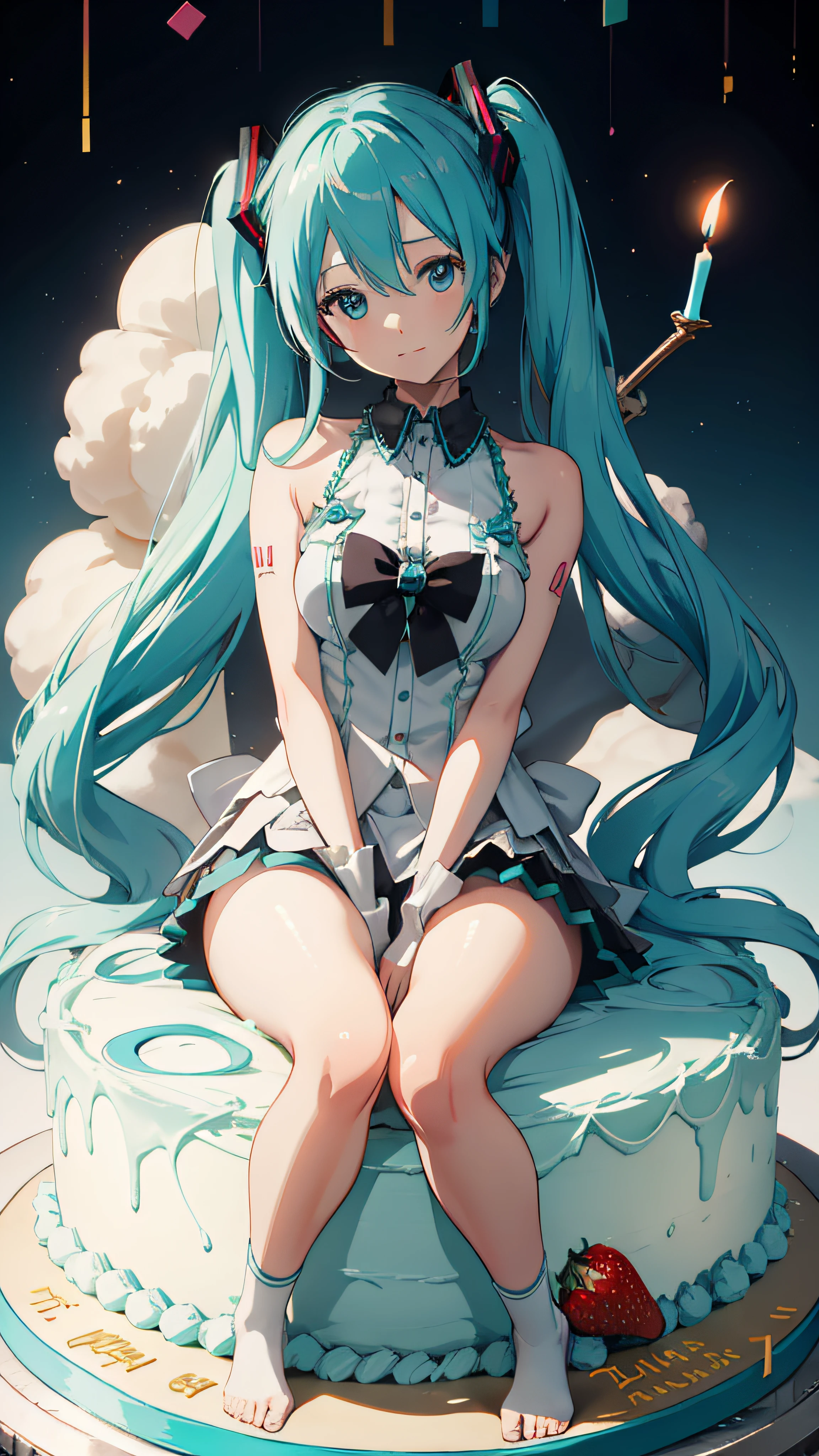 Hatsune Miku sits on a huge creamy birthday cake，The birthday cake is lit with colorful birthday candles，happy birthay，ssmile，exquisite facial features，Elaborate Eyes，Gentle and shy face，Peerless beautiful girl，Advancedsense，Hold the strawberry between the buttocks