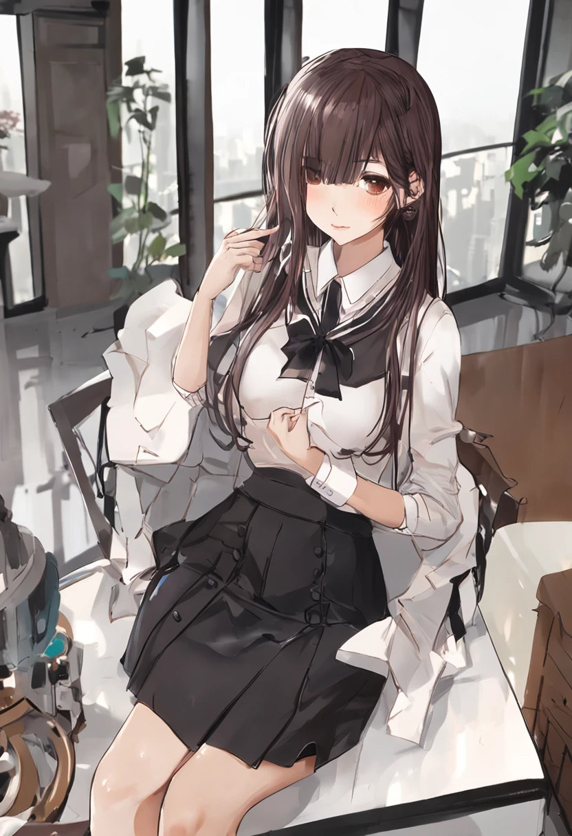 hu tao， 1girll， 独奏， （（white  shirt））， office backdrop， white  skirt， pleatedskirt， office room， hair between eye， with brown eye， Flower pupils， long whitr hair， looking at viewert， 独奏， upper legs， long whitr hair， （（tmasterpiece））， Sat down， a chair， inside in room， Blushlush， sexyposture，（long twintail）），short- sleeved，blacksilk，