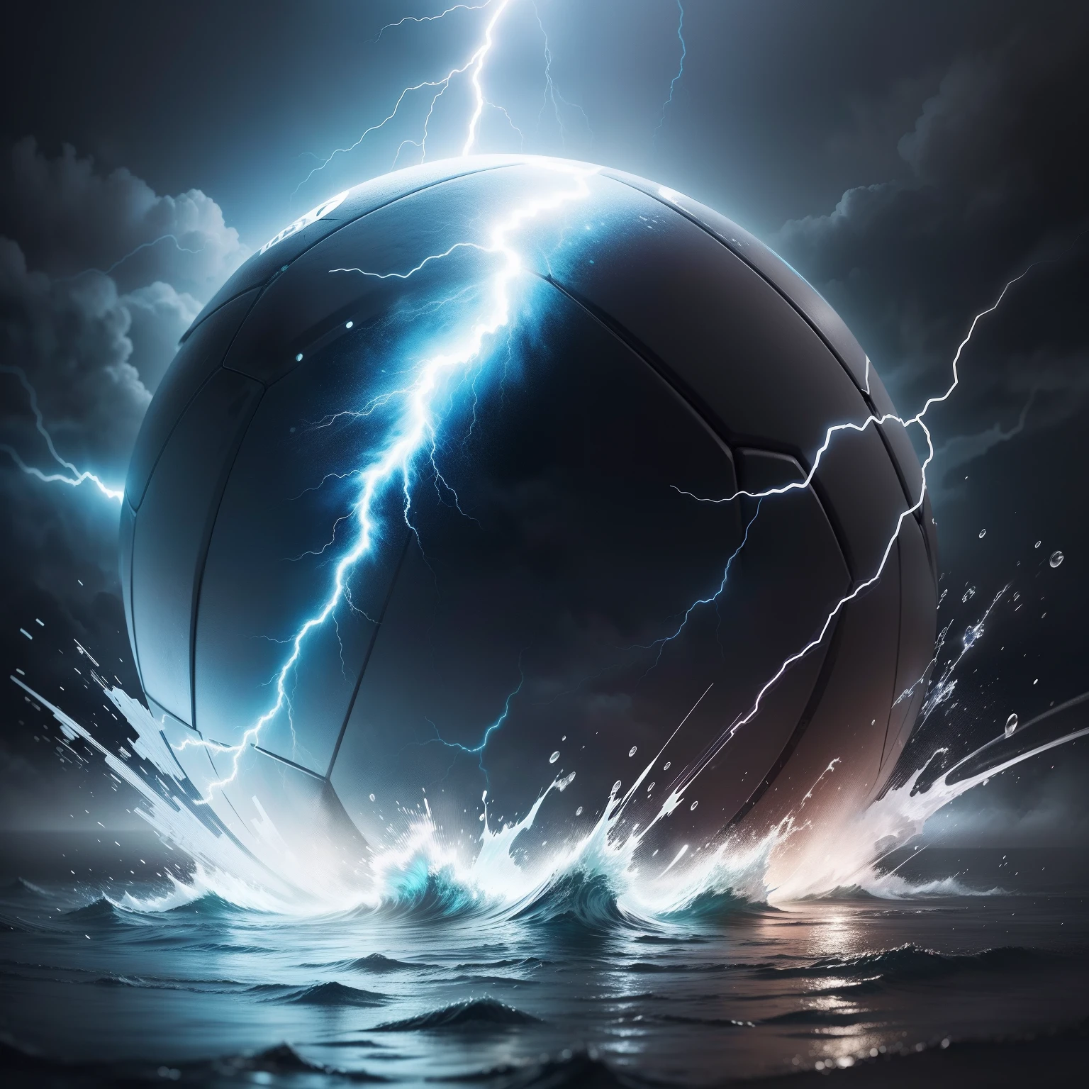 soccer ball,There are lightning bolts and splashes of water around,Graphic arts, hd illustration, water particulate, There was rain and lightning, thunders, Artistic rendering,hyper HD, High quality