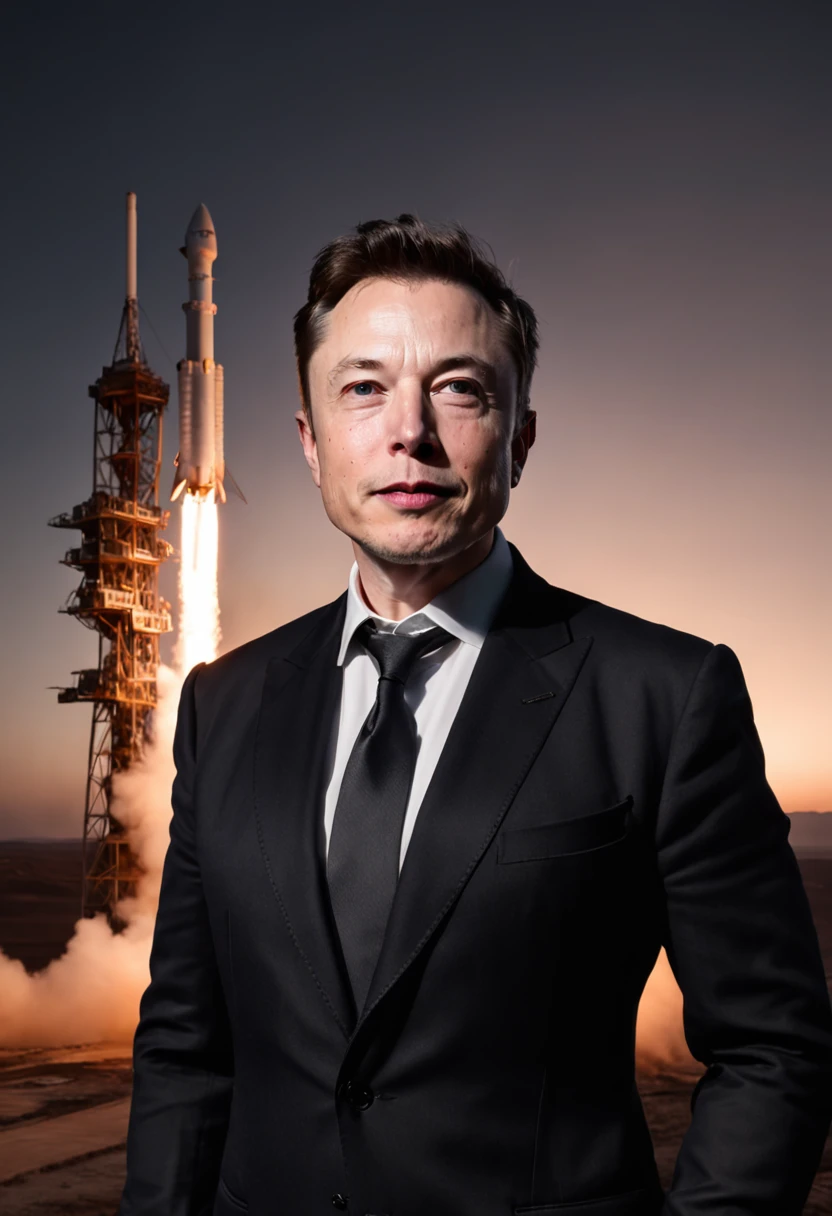 color photo of Elon Musk, a visionary entrepreneur and CEO of SpaceX and Tesla, standing in front of a rocket. Wearing a sleek, black suit with a crisp white shirt, he exudes confidence and determination. His eyes are focused, reflecting his unwavering passion for pushing the boundaries of technology and space exploration. The scene is set at night, with the moon casting a soft glow on the launch pad. The atmosphere is electric, filled with anticipation and excitement. The camera captures every detail, from the intricate stitching on Musk's suit to the intricate engineering of the rocket behind him. Shot with a high-end digital camera, using a wide-angle lens to capture the expansive scene, the photo is vibrant and sharp, showcasing the vivid colors of the rocket and the dark night sky. In a unique juxtaposition, the photo combines the visionary mindset of Elon Musk with the artistic eye of photographers like Christopher Nolan, the cinematographic brilliance of Roger Deakins, the avant-garde fashion designs of Alexander McQueen, and the boundary-pushing creativity of designers like Iris van Herpen.