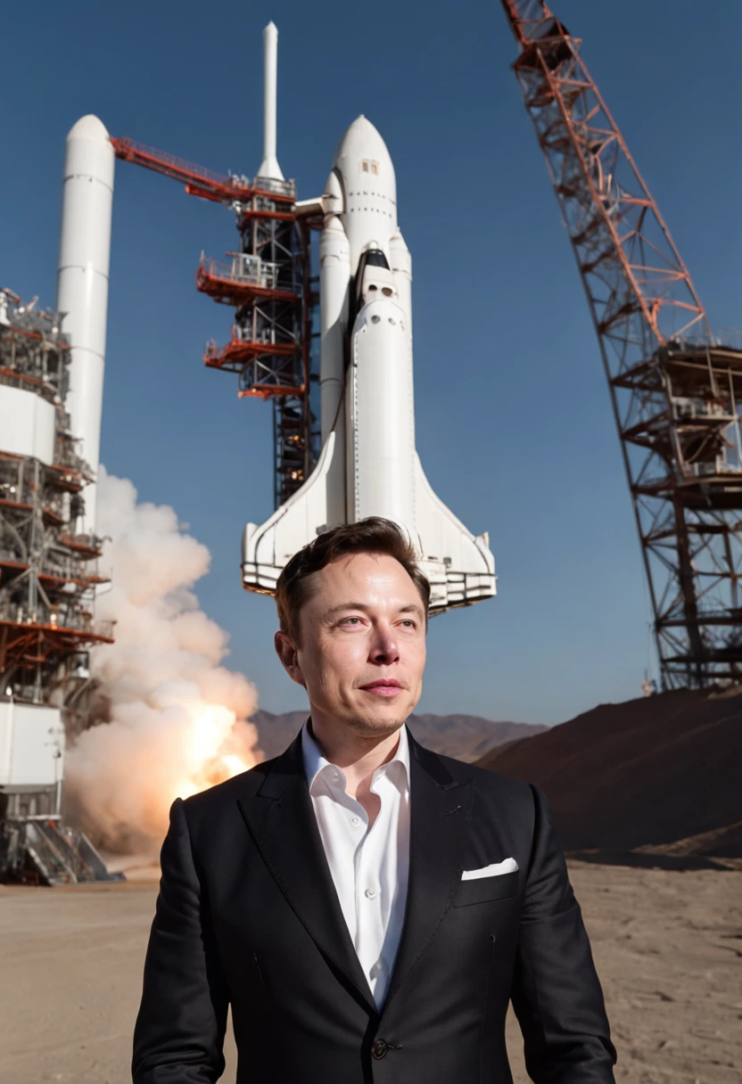 color photo of Elon Musk, a visionary entrepreneur and CEO of SpaceX and Tesla, standing in front of a rocket. Wearing a sleek, black suit with a crisp white shirt, he exudes confidence and determination. His eyes are focused, reflecting his unwavering passion for pushing the boundaries of technology and space exploration. The scene is set at night, with the moon casting a soft glow on the launch pad. The atmosphere is electric, filled with anticipation and excitement. The camera captures every detail, from the intricate stitching on Musk's suit to the intricate engineering of the rocket behind him. Shot with a high-end digital camera, using a wide-angle lens to capture the expansive scene, the photo is vibrant and sharp, showcasing the vivid colors of the rocket and the dark night sky. In a unique juxtaposition, the photo combines the visionary mindset of Elon Musk with the artistic eye of photographers like Christopher Nolan, the cinematographic brilliance of Roger Deakins, the avant-garde fashion designs of Alexander McQueen, and the boundary-pushing creativity of designers like Iris van Herpen.