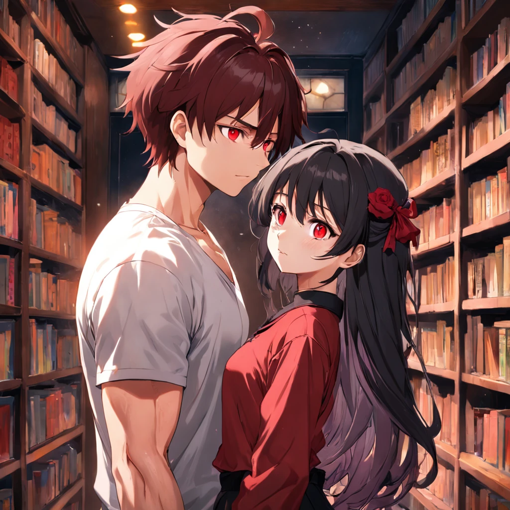 In the villa,big hall,21yo,brunette color hair, Handsome guy with red eyes,White T-shirt,black long pants,bookshelves,Look at the book,Bookish temperament