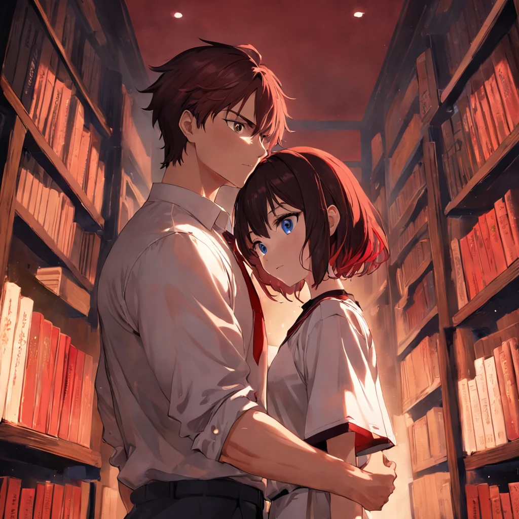 In the villa,big hall,21yo,brunette color hair, Handsome guy with red eyes,White T-shirt,black long pants,bookshelves,Look at the book,Bookish temperament