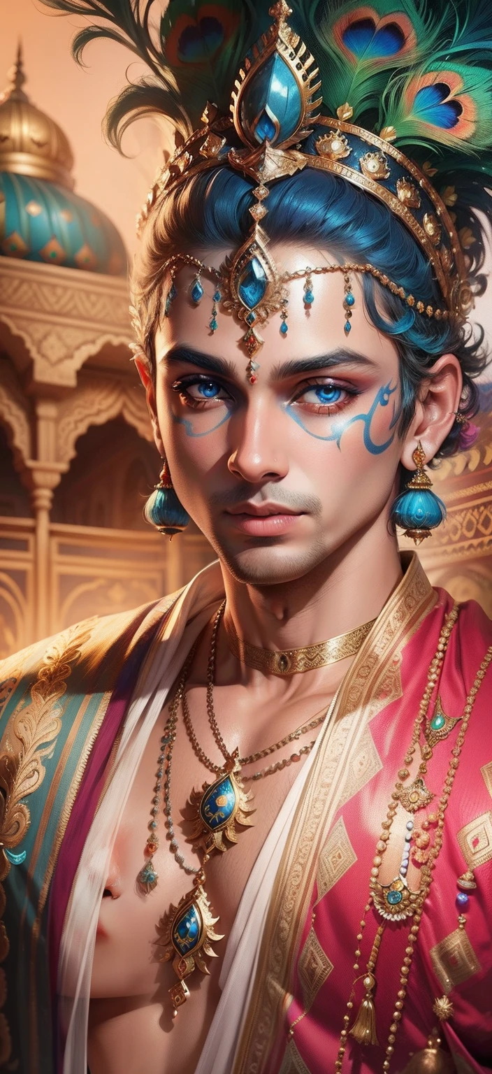 Lord Krishna peacock background realistic bule face Bule Eye, Ultra high quality HD
