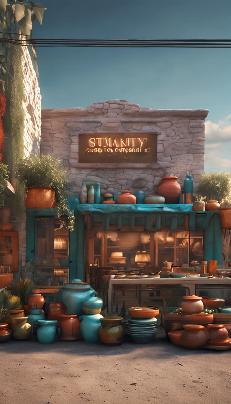 Modern tranquility and beauty，Make pottery at a pottery experience shop，The name of the store is displayed in the image "Start on food"，In addition to the beauty of making pottery，Other scenes are slightly blurry