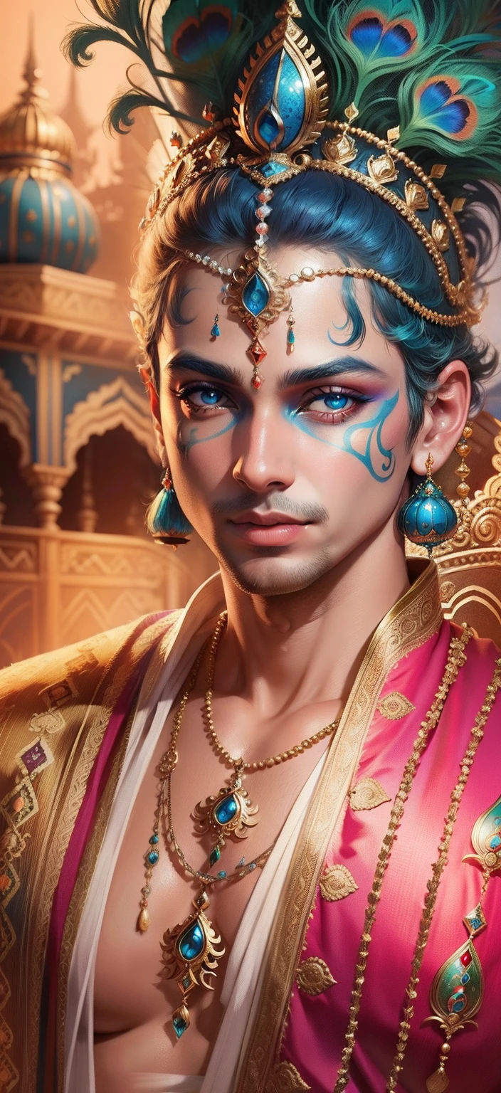 Lord Krishna peacock background realistic bule face Bule Eye, Ultra high quality HD