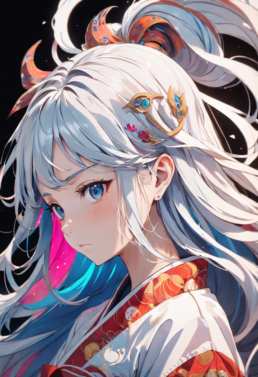 (White background:1.4), (Girl head silhouette, Eyes closed, Long colorful hair, Oriental elements), (Chinese illustration:1.3, paper art:1.3, Quilted paper art:1.2), (Rational design, Clear lines, High sharpness, Best quality, The is very detailed, Cinematic lighting effects for masterpieces, 4K), Angry expressions,Most detailed,Sister
