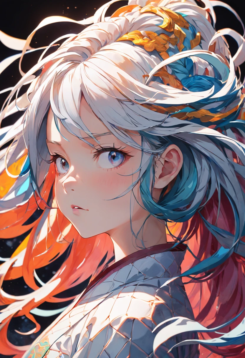 (White background:1.4), （Girl head silhouette, Eyes closed, Long colorful hair, Oriental elements）, （Chinese illustration:1.3, paper art:1.3, Quilted paper art:1.2）, （Rational design, Clear lines, High sharpness, Best quality, The is very detailed, Cinematic lighting effects for masterpieces, 4K）, Angry expressions，Most detailed，Sister