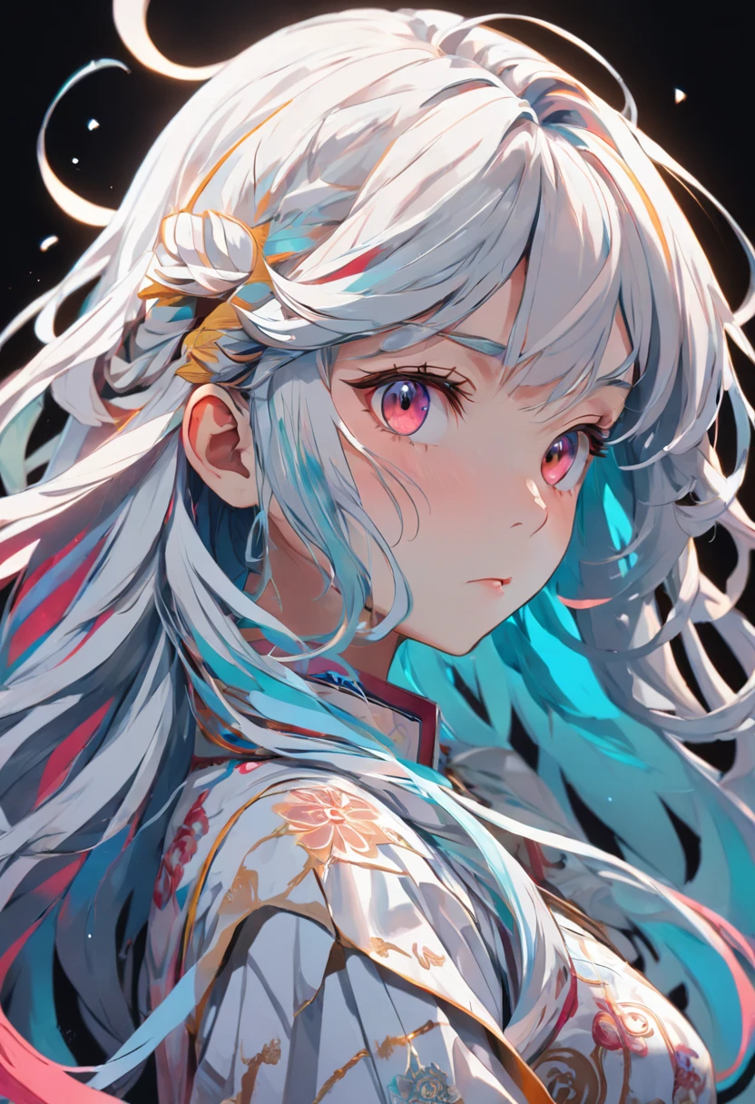 (White background:1.4), (Girl head silhouette, Eyes closed, Long colorful hair, Oriental elements), (Chinese illustration:1.3, paper art:1.3, Quilted paper art:1.2), (Rational design, Clear lines, High sharpness, Best quality, The is very detailed, Cinematic lighting effects for masterpieces, 4K), Angry expressions,Most detailed,Sister