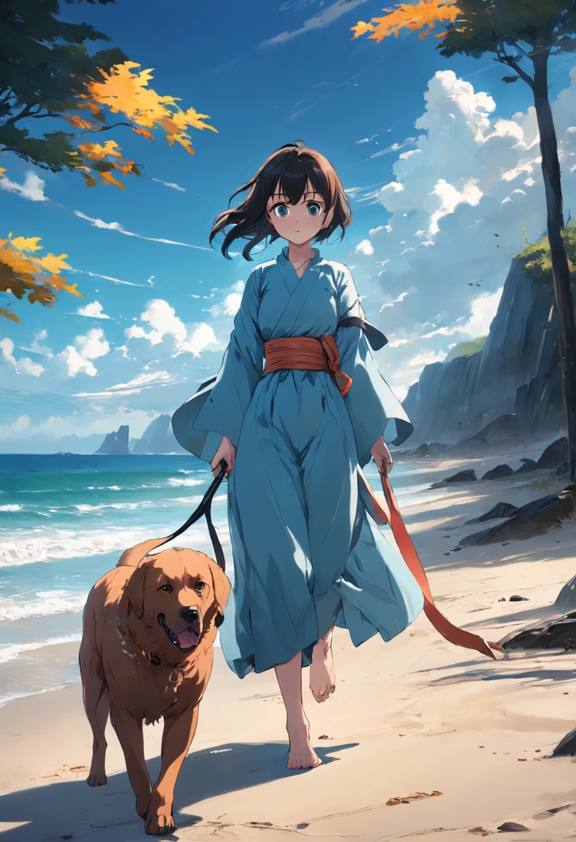 A young woman，is very beautiful，Walking on the beach with a huge dog in his hand