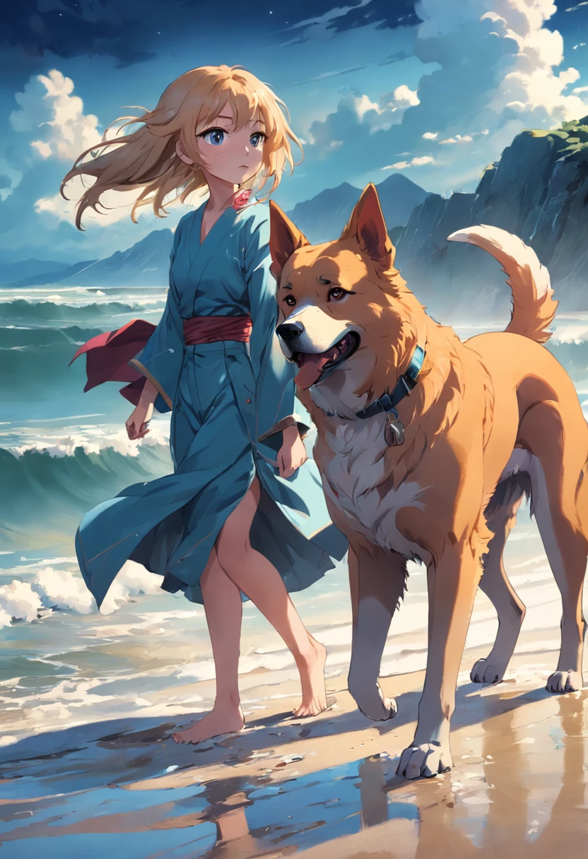 A young woman,is very beautiful,Walking on the beach with a huge dog in his hand
