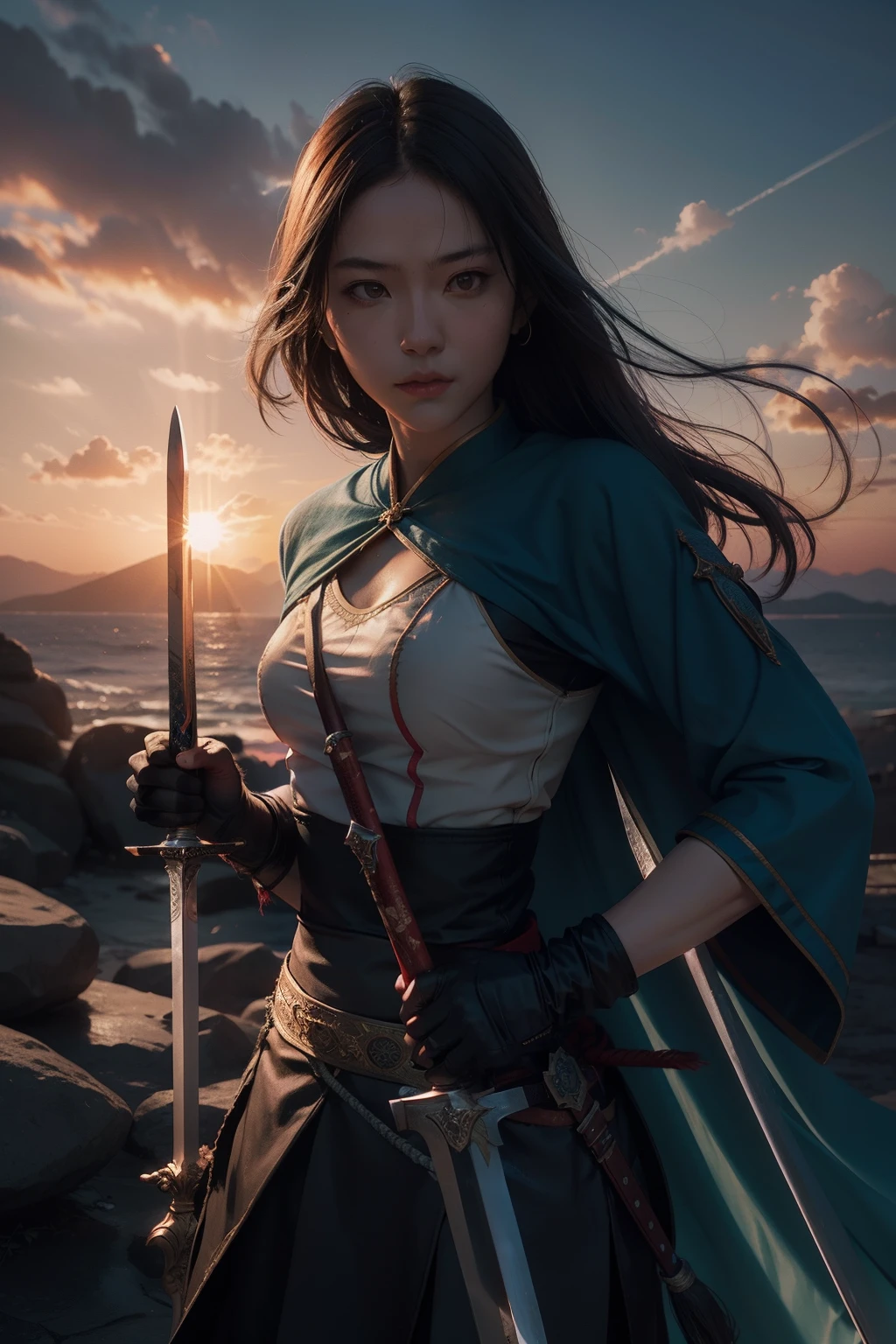 Sunset Dusk,swordsman,wielding longsword,Fight scenes,The character dynamics are correct,Close-up of people,surrealism, shadowing, anaglyph, stereograms, tachi-e, angle of view, Atmospheric perspective, 8K, Super detail, ccurate, Best quality