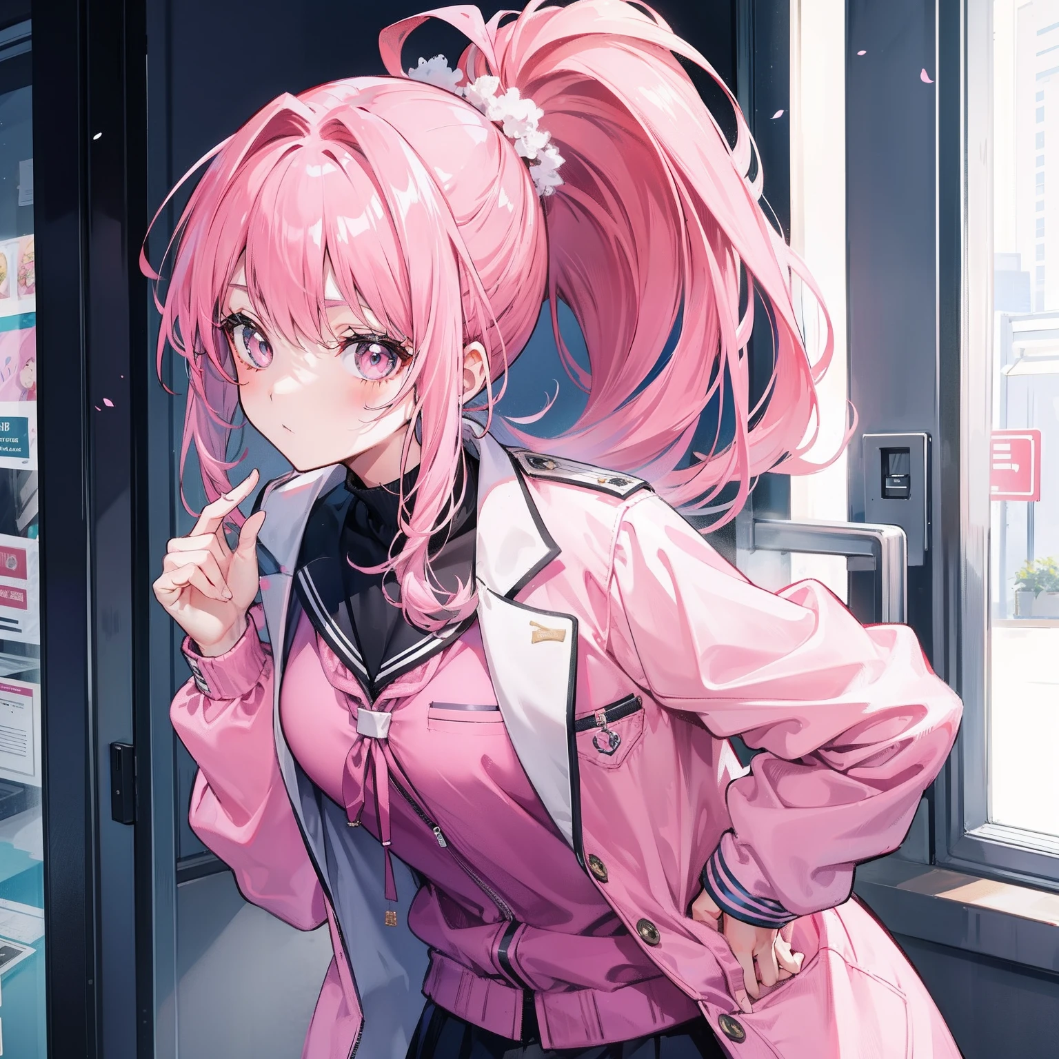 Pink hair with high ponytail，Jacket school uniform，Tall sweet girl
