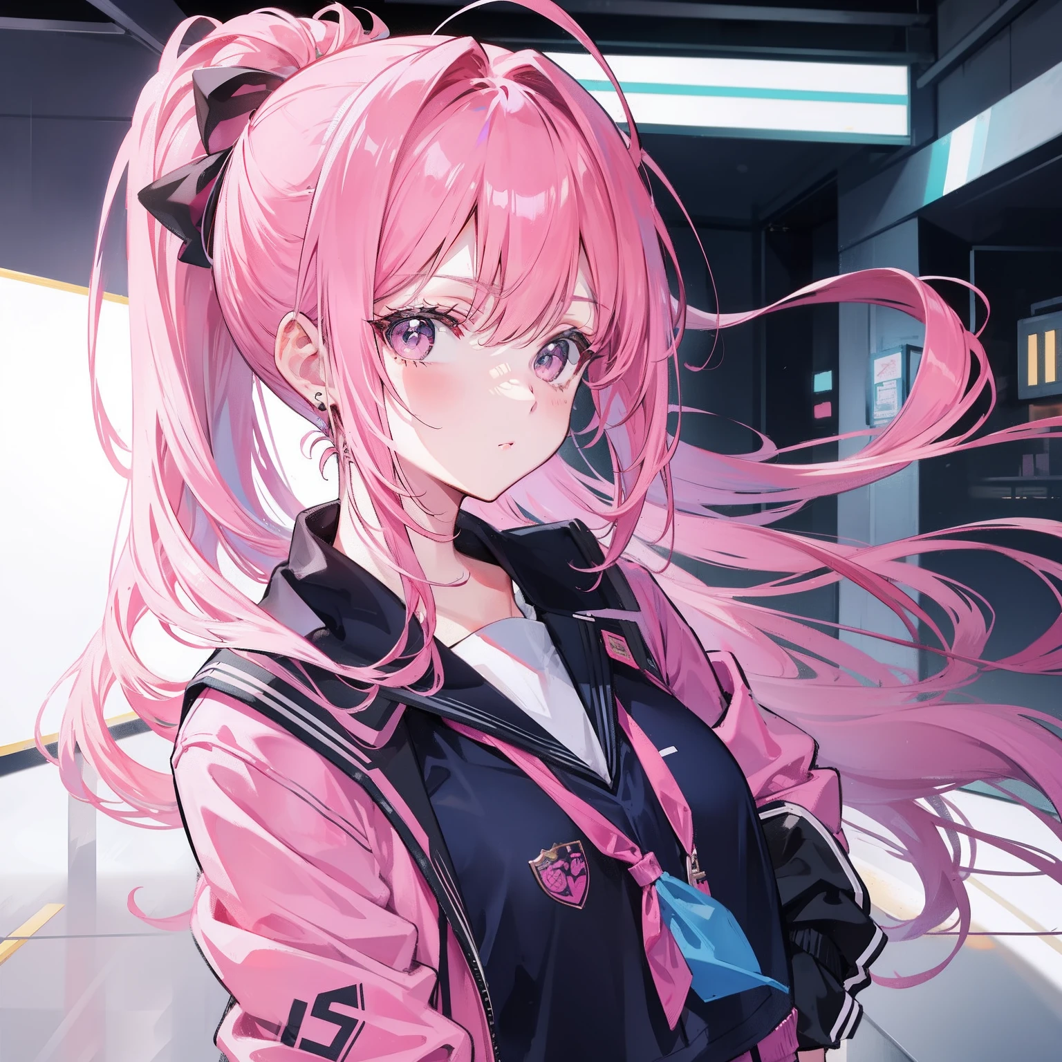 Pink hair with high ponytail,Jacket school uniform,Tall sweet girl