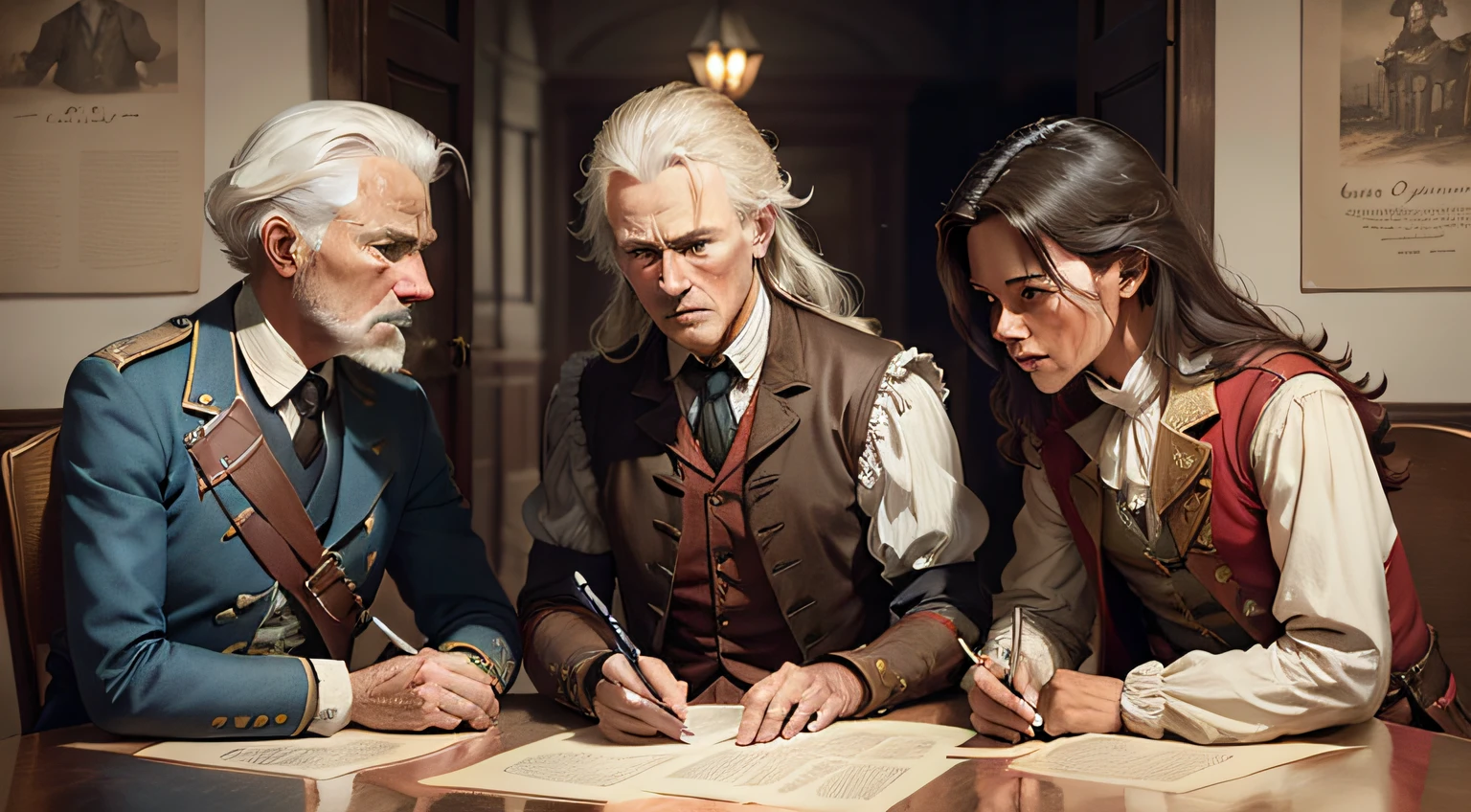 Create illustrations in war poster style,Depicts three citizens of the American colony signing the Declaration of Independence in a 17th-century building. Show them dressed in colonial costumes, Sit around a table,There are documents in front of you。, Sign it with determination and a sense of solidarity.Evoke the spirit of revolution and freedom with bold patriotic colors. Add historical realism by adding stale and worn textures to the poster.Put colonial citizens in a powerful and influential combination, Demonstrate their commitment to independent causes. Use strong lines and contrasting colors to make the character stand out.Contains text elements with bold and impactful fonts, wie z《Declaration of Independence and Freedom for All》, Convey the importance of the present moment and the meaning of their actions.Images should capture the essence of historical war posters, Inspire viewers to recognize the bravery and sacrifice of these colonial citizens