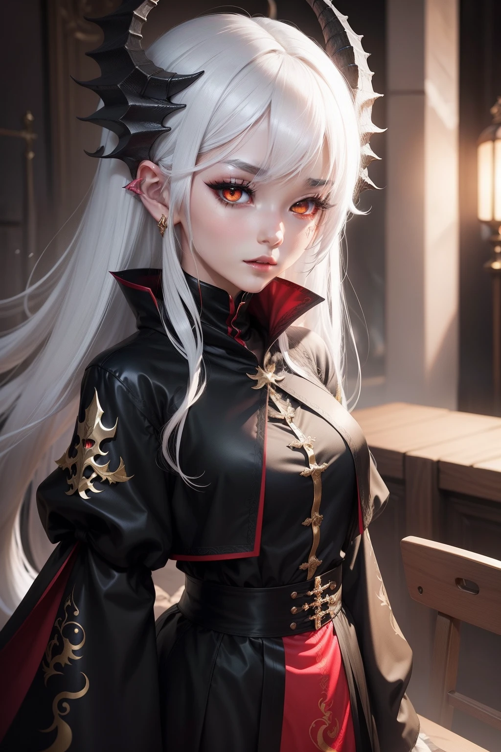 1girl in、Black Dragon Monster Girl、white hair、Gold Eye、Black and red clothes