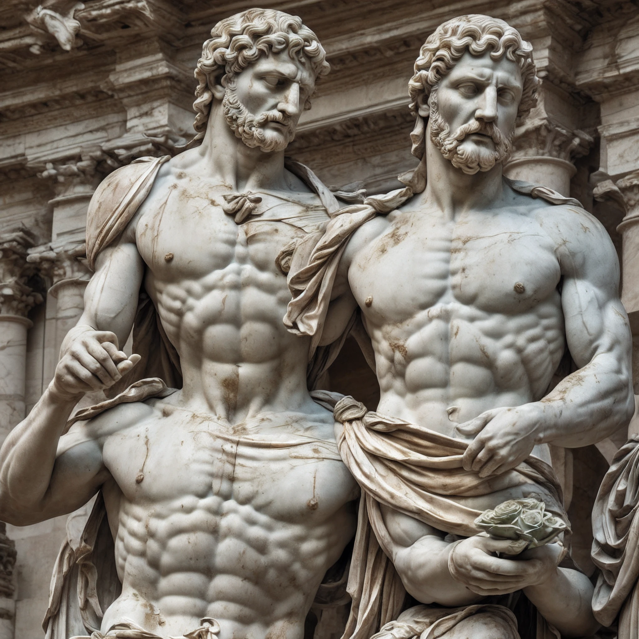 A hyper-realistic marble statue of a muscular Roman man holding a statue of a petrified rose, very old and old dust, and his facial expressions bring deep sadness and excessive thinking. Un fond de colonnes romaines, petrified birds, petrified dry moss, Colors are muted and faded, to emphasize the seriousness of the scene