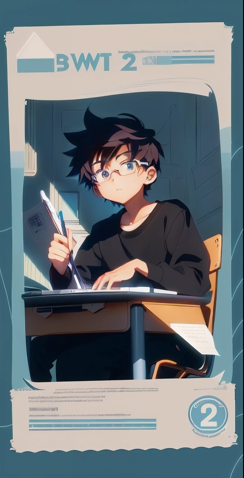 There is a photo of a boy sitting at his desk with a laptop, Digital anime illustration, procreate illustration, Cartoon Art Style, anime art style, hero 2 d fanart artsation, cartoon digital painting, High Quality Anime Art Style, childrens art in artstation, Anime art style, lovely art style, Cartoon Art Style, Cartoon style illustration, Digital anime art