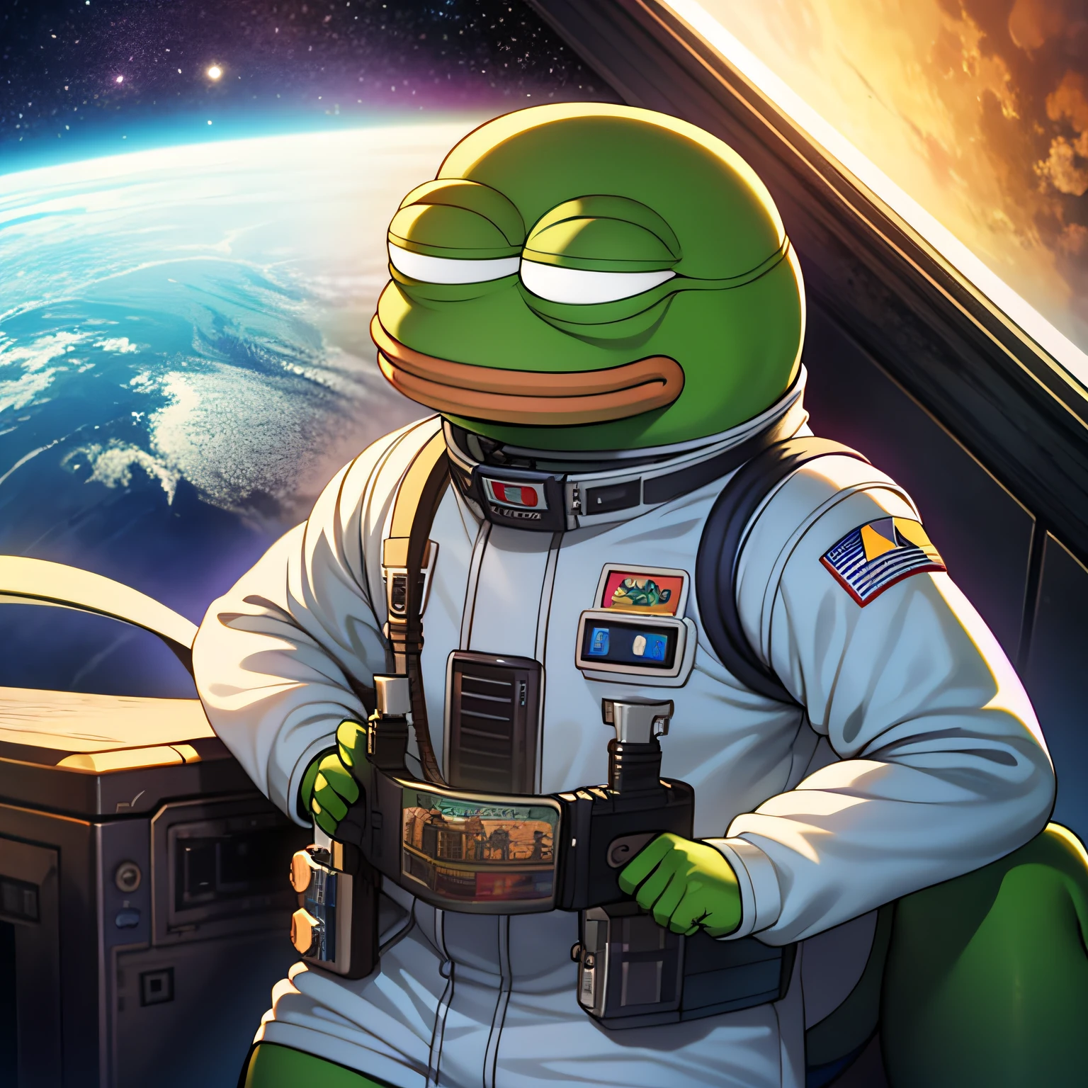 ((pepe_frog)) ((boy person)), a pepe in space suit on space station, in weightlessness, photorealistic, intricate details, hdr, antialiased, 8k, syd mead, sharp details, vallejo, little smile, illustration, artgerm, donato giancola, Joseph Christian Leyendecker, Les Edwards, Ed Repka, WLOP, Artgerm , by studio ghibli , cartoon,