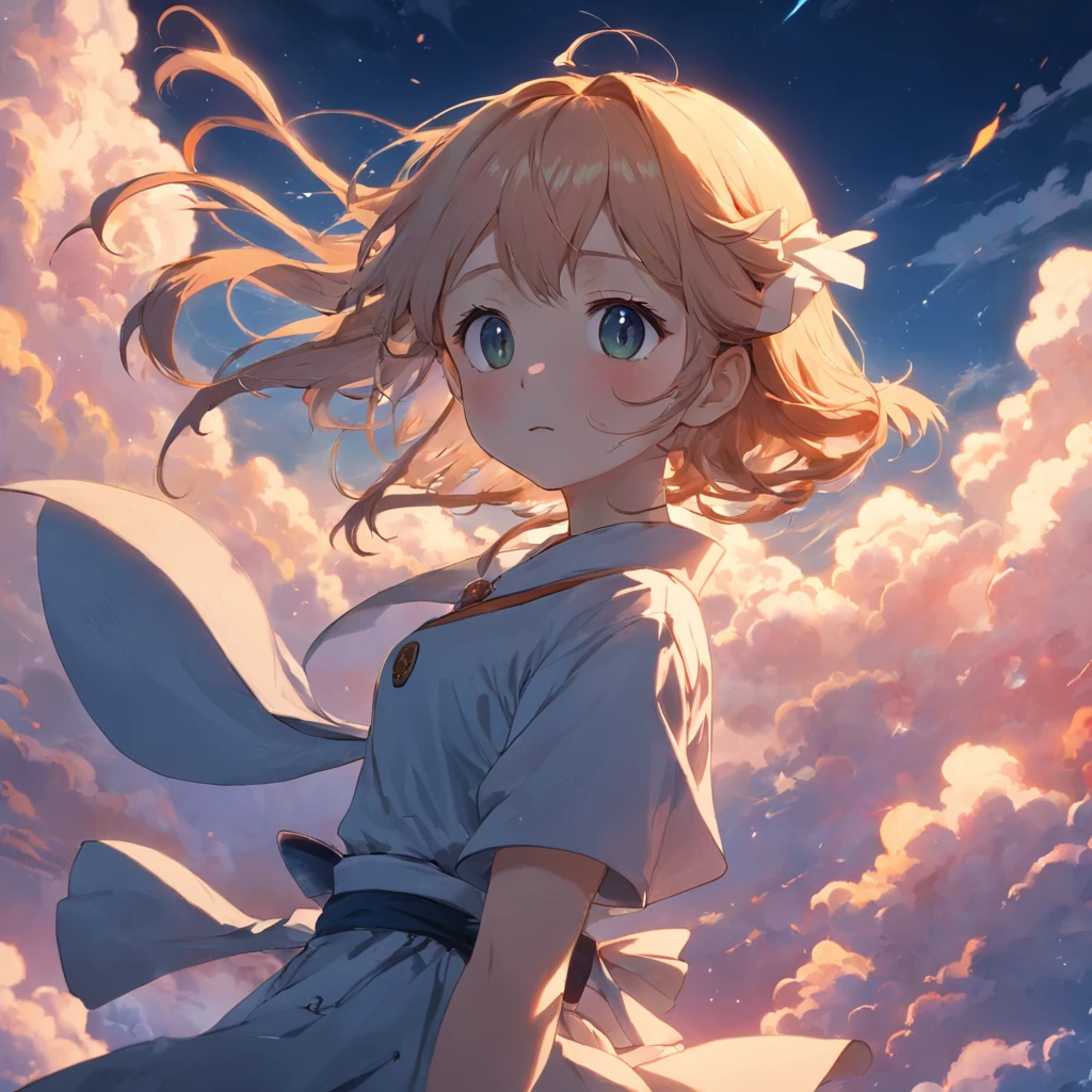 masterpiece、top-quality、Movie stills、1girl、Cloud Girl、floating in sky、a closeup、发光、happiness、Warm soft lighting、the setting sun、(Spark:0.7)、barechested