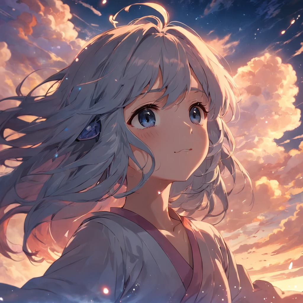 ​masterpiece、top-quality、Movie stills、1girl、Cloud Girl、floating in sky、a closeup、发光、happiness、Warm soft lighting、the setting sun、(Spark:0.7)、barechested