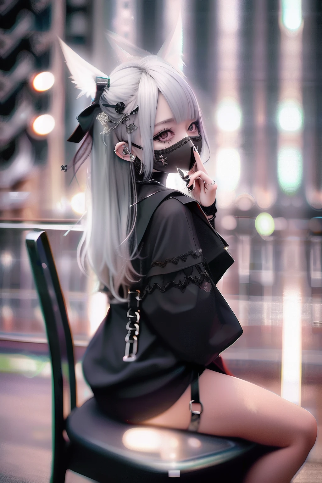 sit on a chair, cross one's legs、Huza、Sit up、goth_punk, 1girl in, 独奏,, ((during night)), bokeh dof, neon light, iridescent eyes, starrysky, White sparkling hair, White eyebrows, Radiant hair, (iridescent white hair), 耳Nipple Ring, bangss, jewely, masks, bluntbangs, verd s eyes, Mouth mask, blurry backround, bblurry, hair adornments, Look at viewers, shorth hair, portraitures, side locks