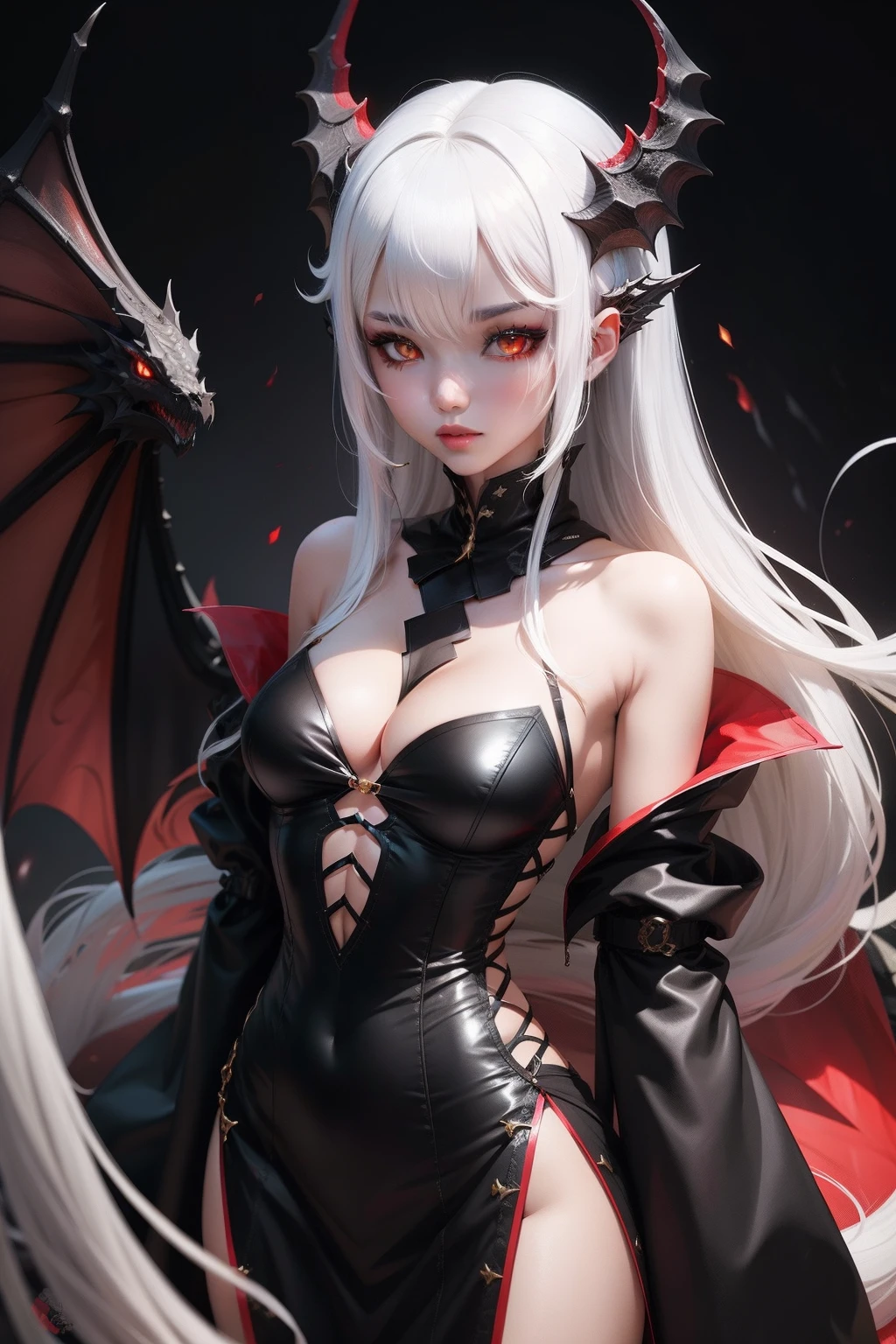 1girl in、Black Dragon Monster Girl、white hair、Gold Eye、Black and red clothes