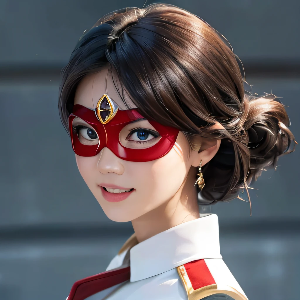 (8K, RAW Photos, of the highest quality, Masterpieces: 1.2), (Realistic, Photorealistic: 1.37), Highest Quality, Ultra High Resolution, light  leaks, Dynamic lighting, Slim and smooth skin, (Full body:1.3), (Soft Saturation: 1.6), (Fair skin: 1.2), (Glossy skin: 1.1), Oiled skin, 22 years old, Night, shiny white blonde, Well-formed, Hair fluttering in the wind, Close-up shot of face only, Physically Based Rendering, From multiple angles, A big smile, super girl、miniture, Red Eye Mask,
