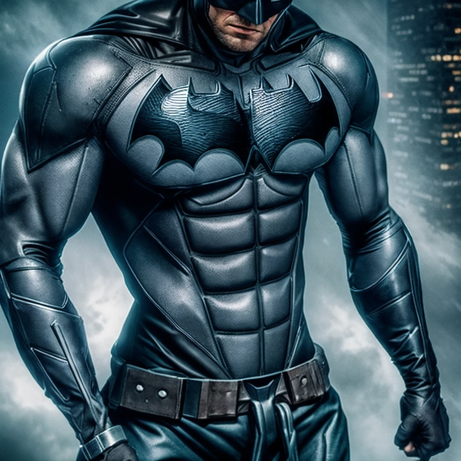 Batman standing on a ledge on top of a skyscraper, wearing large cape, dark, moonlight, dystopian, gritty, masterpiece, unique, amazing, detailed