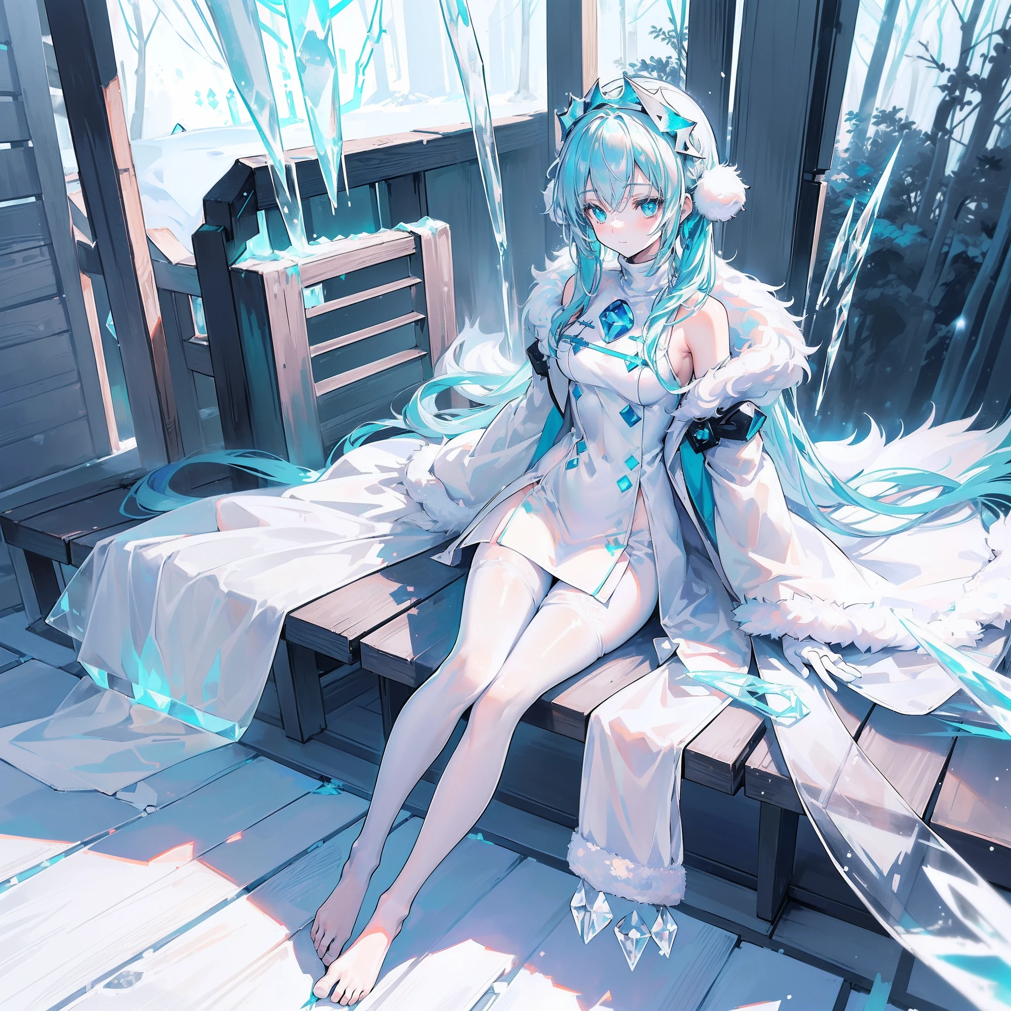 Anime , ((((White and Blue winter coat with fur)))), blue hand and thigh accessories, (((long light (glowing) aqua hair))), ((hair accessories)), ((black eyes)), (((blue decorations around the entire body))), (smiling), pale skin,  neck, shoulders, medium chest, arms, hands, medium waist, legs, medium thigh, cute, blue stripes on dress, (wearing white gloves), ((((meditating next to a beautiful wooden house in a forest chair)))), serious, cinematic light, high resolution, highest quality, ultra detailed, detailed face, (detailed eyes), best quality, hyper detailed, masterpiece, (detailed face), clean face, detailed eyes, ((((white and aqua long robes covering all of the legs)))), (((wearing see through tight pants))), ((barefoot)), (((((ice around the area and her body including an ice aura))))), ((sleeves covered in see through tight clothes)), (((floating))), ((ice in her hand)), (((no blush or red on face))), (((leg and feet rings and accessories)))