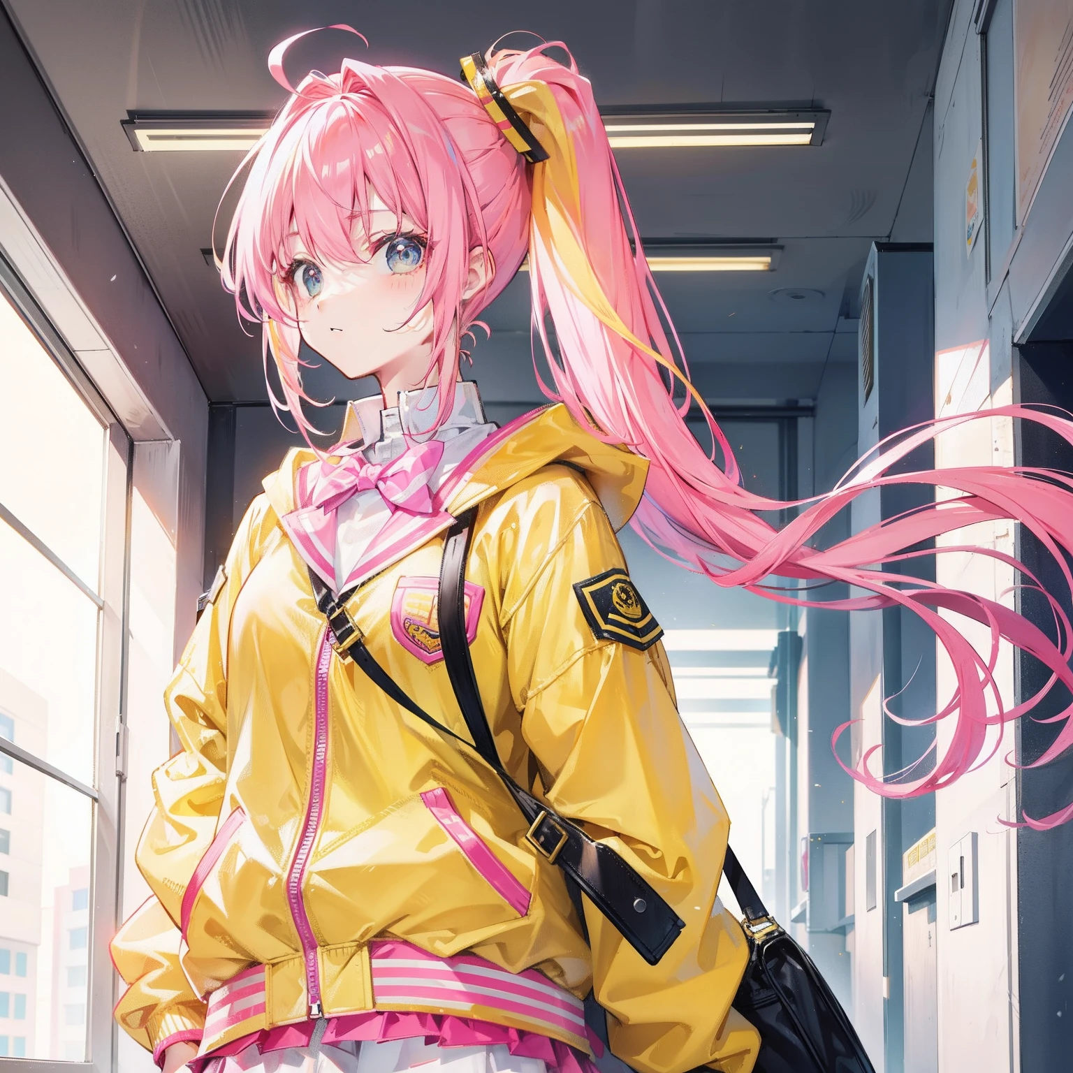 Anime girl with pink hair and a yellow jacket standing in a hallway ...