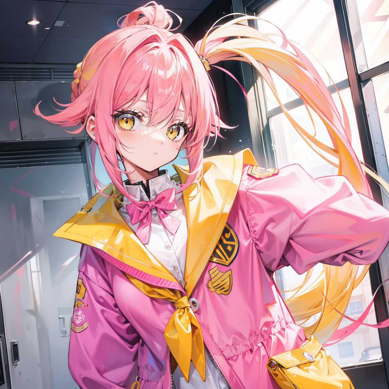 Pink yellow hair,high ponytails,Yellow pink jacket school uniform,Tall and sweet girl