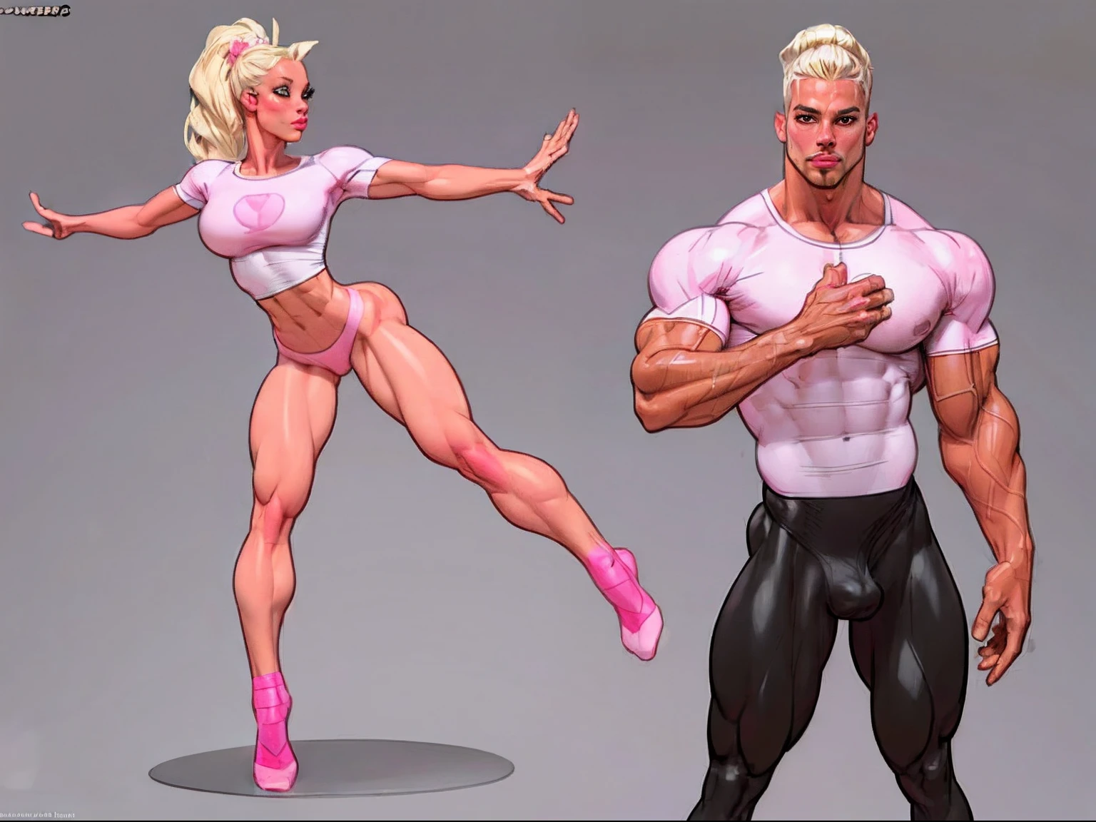 ((masterpiece)),(((best quality))),((character design sheet)), illustration,1man, boy, 1 girl, 1 woman, environment Scene change,  ((man is (crotch bulge:0.9), muscular, (pink skin:1.2), white tshirt, white underwear, masculine, rugged, manly, sharp edges, heroic, pink legs, thick legs,)) (woman is blonde with ponytail)) scribbles and marks, no face, ((mannequin face:1.2)), rough sketches, pose too, white and black color palette, 8k,16k, (simple background, light background: 1.3)