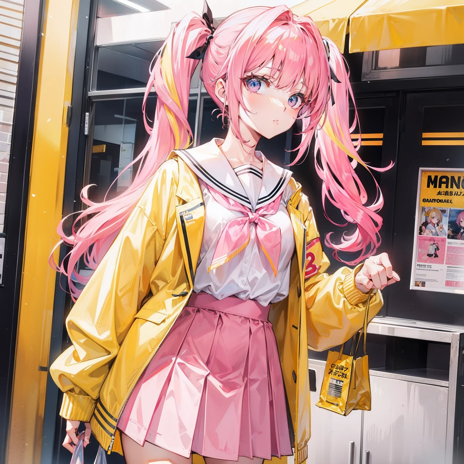 Pink yellow hair，high ponytails，Yellow pink jacket school uniform，Tall and sweet girl