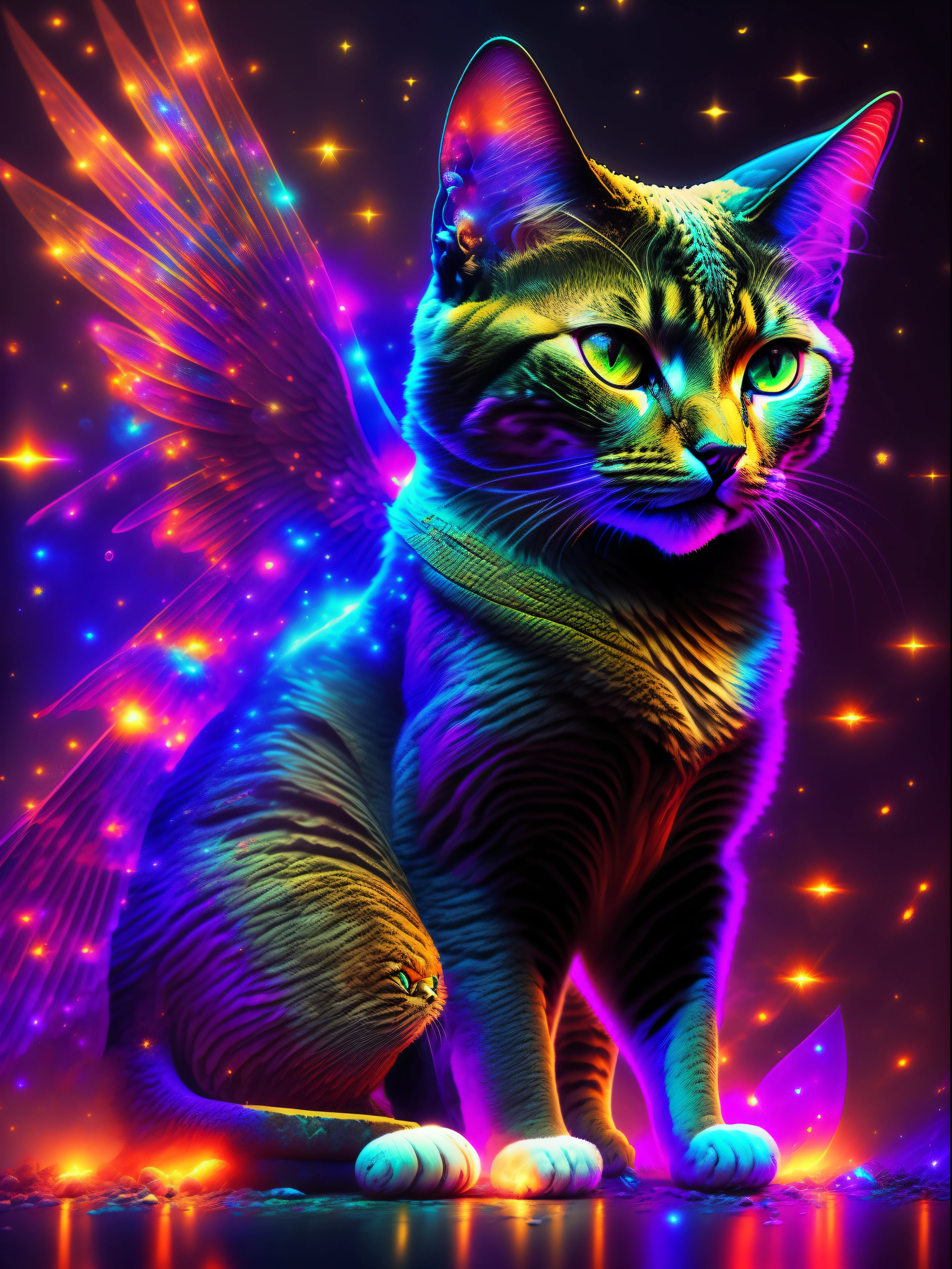 tmasterpiece, beste-Qualit, Art Station, Extremely detailed , winged cat ,Perfectly proportioned, Contrast display, ultra realistis, black backdrop, galaxy, Endless Lights, Strewn with fine flash details, 8K, 真实感, The vibrant, luminescent, Exciting, hyper-detalied, The vibrant, Filmic, Environment Occlusion, chromatic aberration.