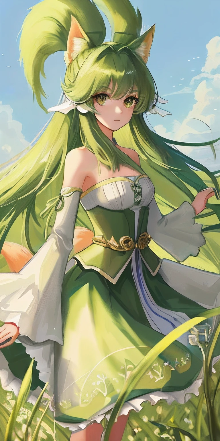 super high image quality，Best Masterpiece，standing in grassy field，A naked fox girl with waist-length green hair，Sexy and charming, The bust is wide，Naked，Not an inch，Naked