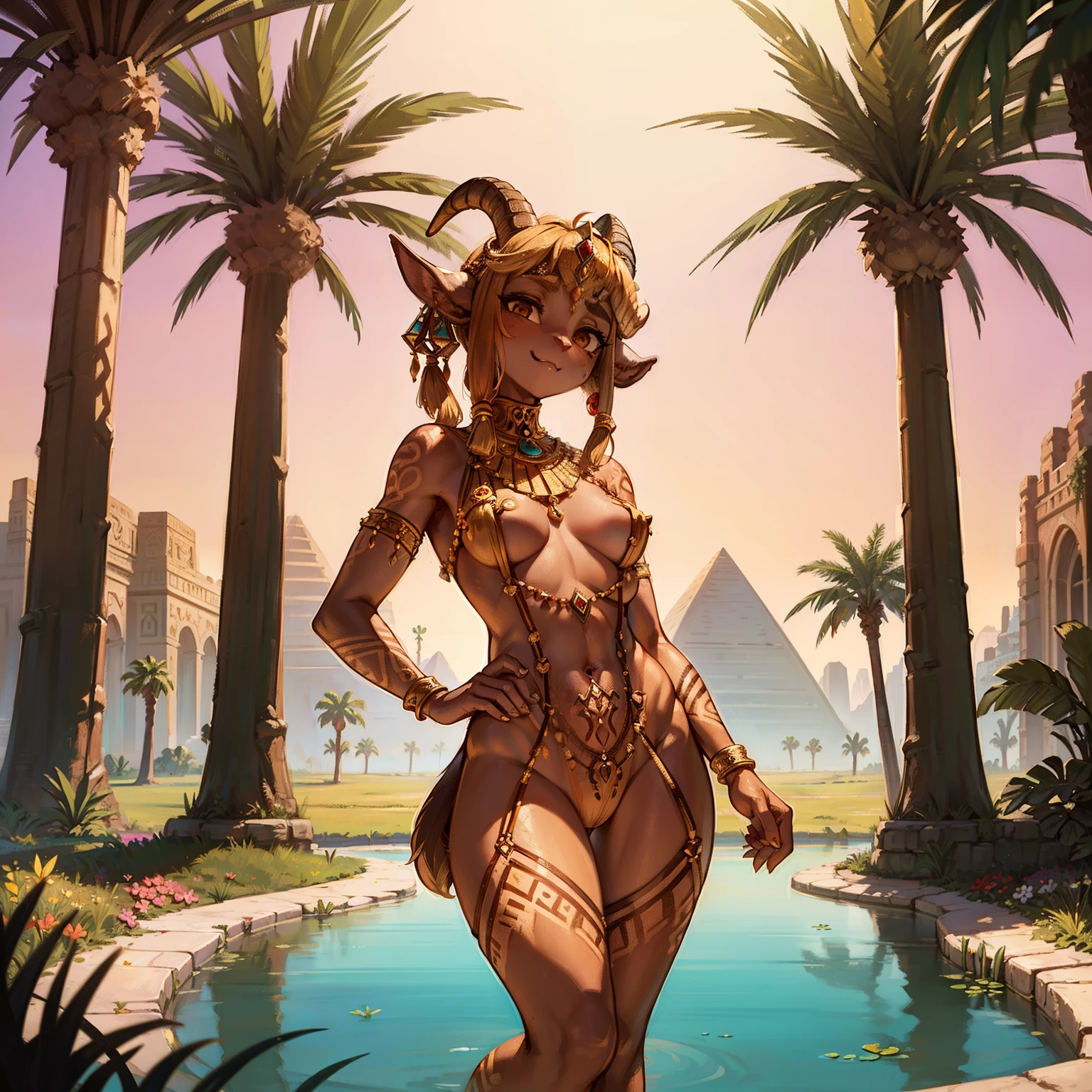 (Masterpiece, high res, detailed), female faun princess of the forgotten oasis, outdoors, (desert oasis), (satyr), Egyptian, tattoos, tan skin, beautiful face, tall female, solo, environmental, beautiful lighting, womb tattoo, (goat horns, goat legs, hooves, furry legs), palm trees, pond, desert pond