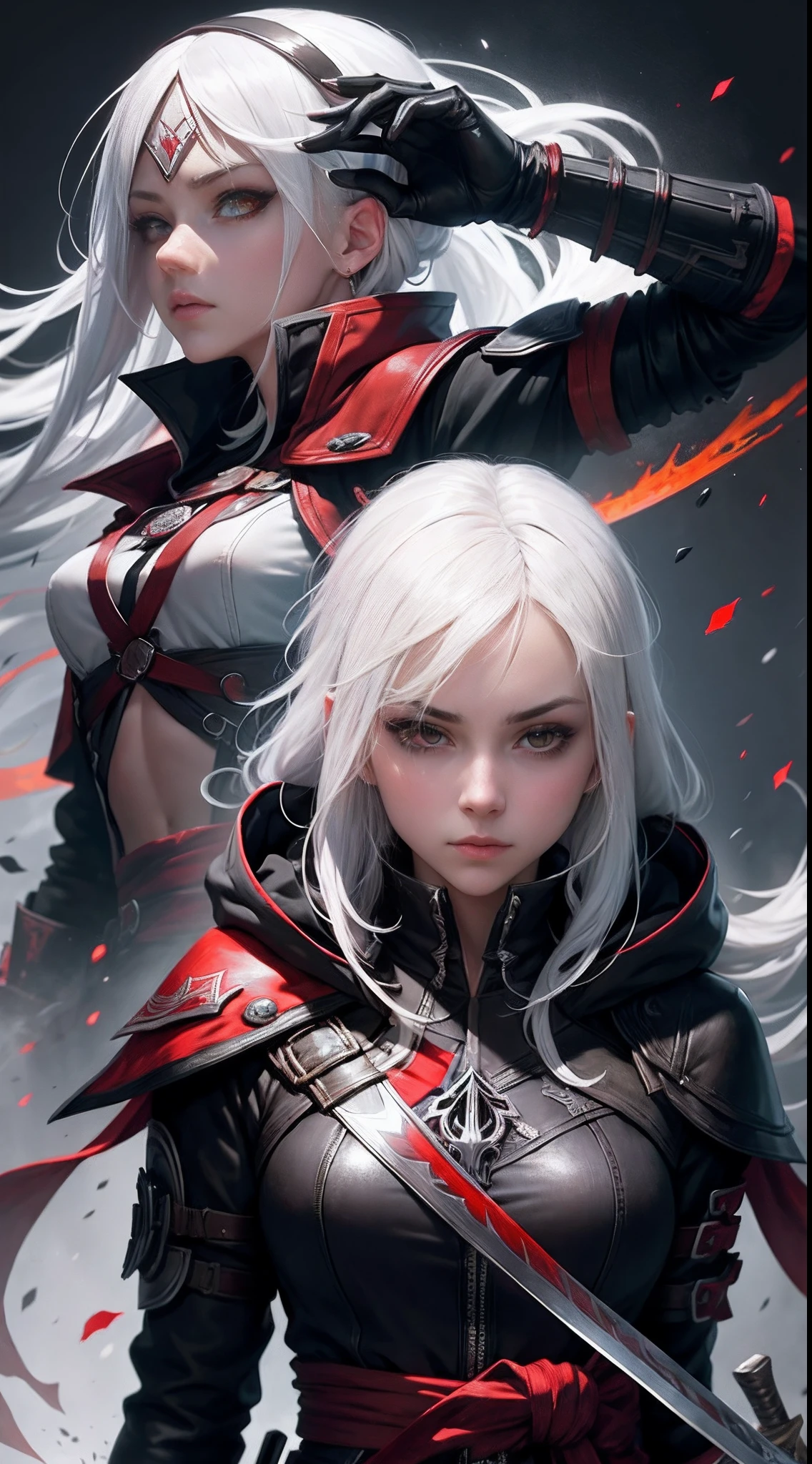 one-girl，White color hair，Red eyes，Bare legged，long whitr hair，Red coat, steampunc