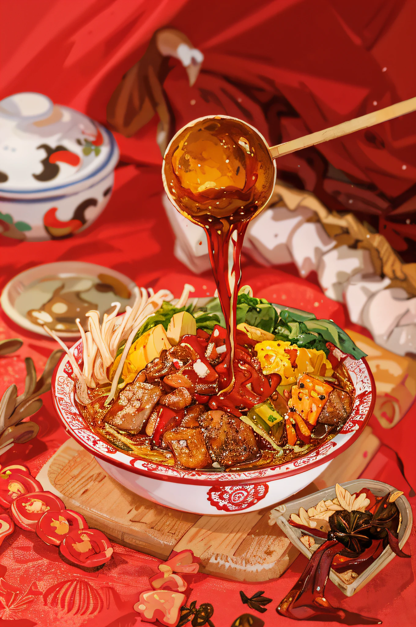 delicacies，Illustration style，Tempting appetite，autumnal，Autumn light close-up spicy noodles、White noodles、Thin noodles、Noodles make up the main body、Seafood mushrooms、Small octopus、Red oil、shrimps、Green peppercorns、Flower nails、chili pepper、vegetable、Chinese cabbage、Tofu bubbles , Super realistic food pictures, full subject shown in photo, A chopstick is filling the bowl with noodles