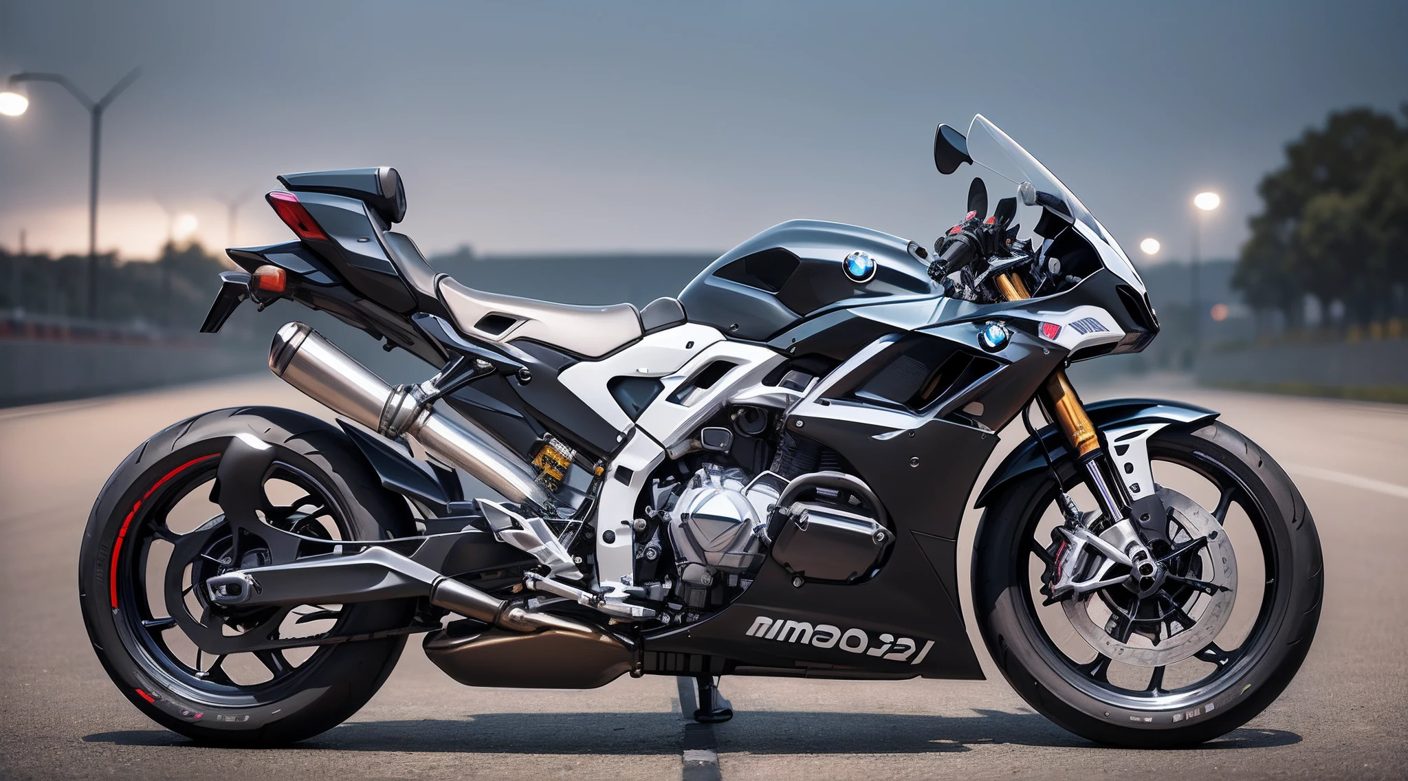3:1 Angle Front View,(BMW Motorcycle,1000cc engine,Model 2022, Racing Sports Type Motorcycle , High Detailed, Shadow Cenimatic Lighting, masterpiece,4k resolution,ultra wide, Sponsored by B.M.W Company,(Nero Lighting Background,Night Scene,)