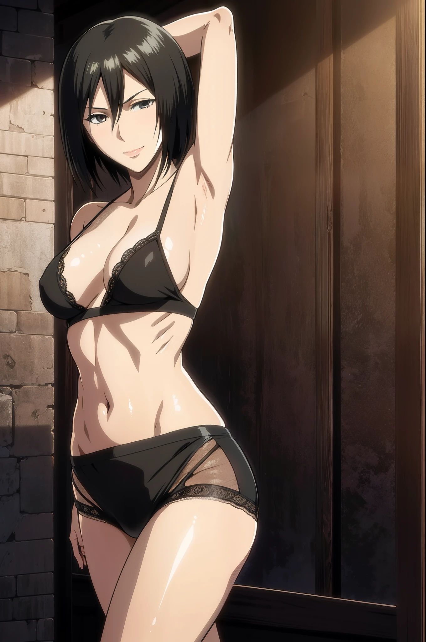 Dazzling, Armpits, intricate detailes, 1girl in, Mikasa Ackerman, (A dark-haired:1.3), hair between eye, short-haired, sideburns, s lips, shut, Yui, s lips, masterpiece, best qualtiy, , Bathing, hason, Baezon, Black eyes, , Black eyes, muscle, medium breasts, smil、Black underwear、Lace underwear