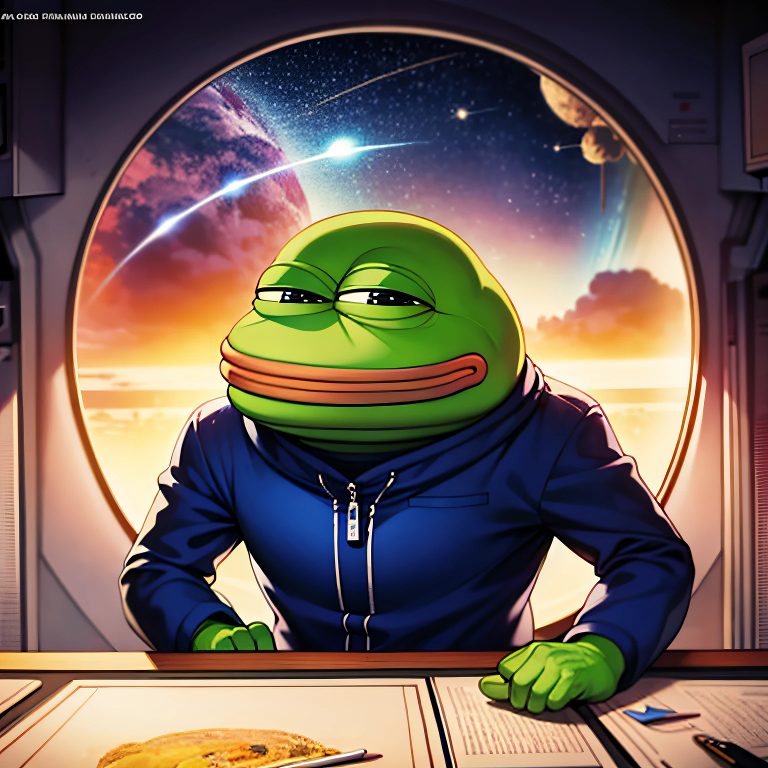 ((pepe_frog)) ((boy person)), a pepe in space suit on space station, in weightlessness, photorealistic, intricate details, hdr, antialiased, 8k, syd mead, sharp details, vallejo, little smile, illustration, artgerm, donato giancola, Joseph Christian Leyendecker, Les Edwards, Ed Repka, WLOP, Artgerm , by studio ghibli , cartoon,