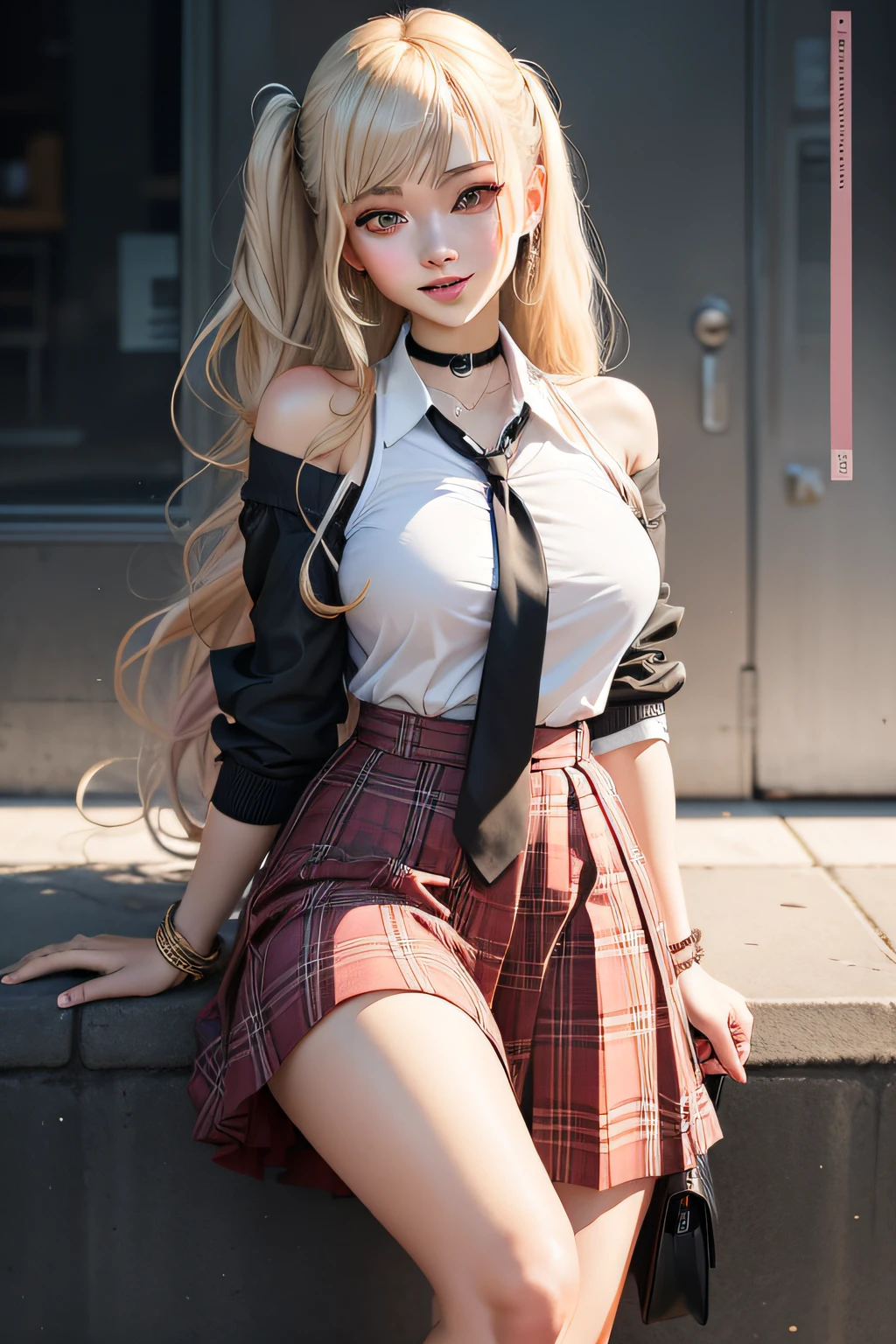 masterpiece, best quality, full body, 1girl, bangs, black choker, black necktie, blonde hair, blue skirt, blush, bracelet, breasts, choker, clothes around waist, collarbone, collared shirt, cowboy shot, dress shirt, ear piercing, eyebrows visible through hair, gradient hair, grin, gyaru, jewelry, kogal, long hair, looking at viewer, loose necktie, necktie, piercing, plaid, plaid skirt, pleated skirt, red eyes, ring, school uniform, shirt, skirt, smile, solo, white shirt, street, sky, cherry blossoms, petals,illustration, (magazine:1.3), (cover-style:1.3), fashionable, woman, vibrant, outfit, posing, front, colorful, dynamic, background, elements, confident, expression, holding, statement, accessory, majestic, coiled, around, touch, scene, text, cover, bold, attention-grabbing, title, stylish, font, catchy, headline, larger, striking, modern, trendy, focus, fashion,