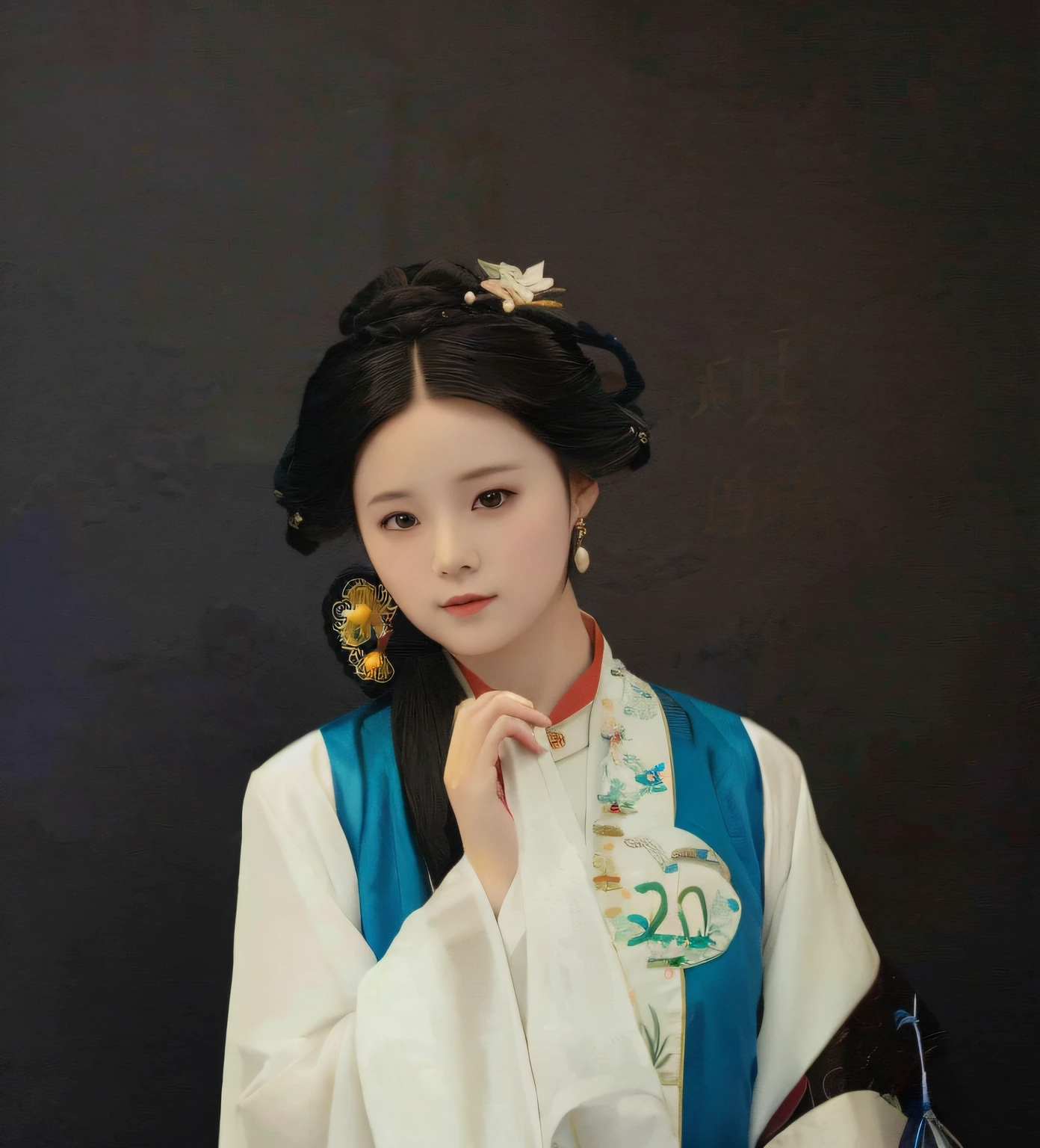 Wearing a blue and white dress,Woman with red and white hair, Palace , A girl in Hanfu, Hanfu, Wearing ancient Chinese clothes, White Hanfu, with acient chinese clothes, zhang daqian, Chinese costume, inspired by Gu An, Inspired by Guo Xi, Inspired by Qiu Ying, inspired by Yun Shouping