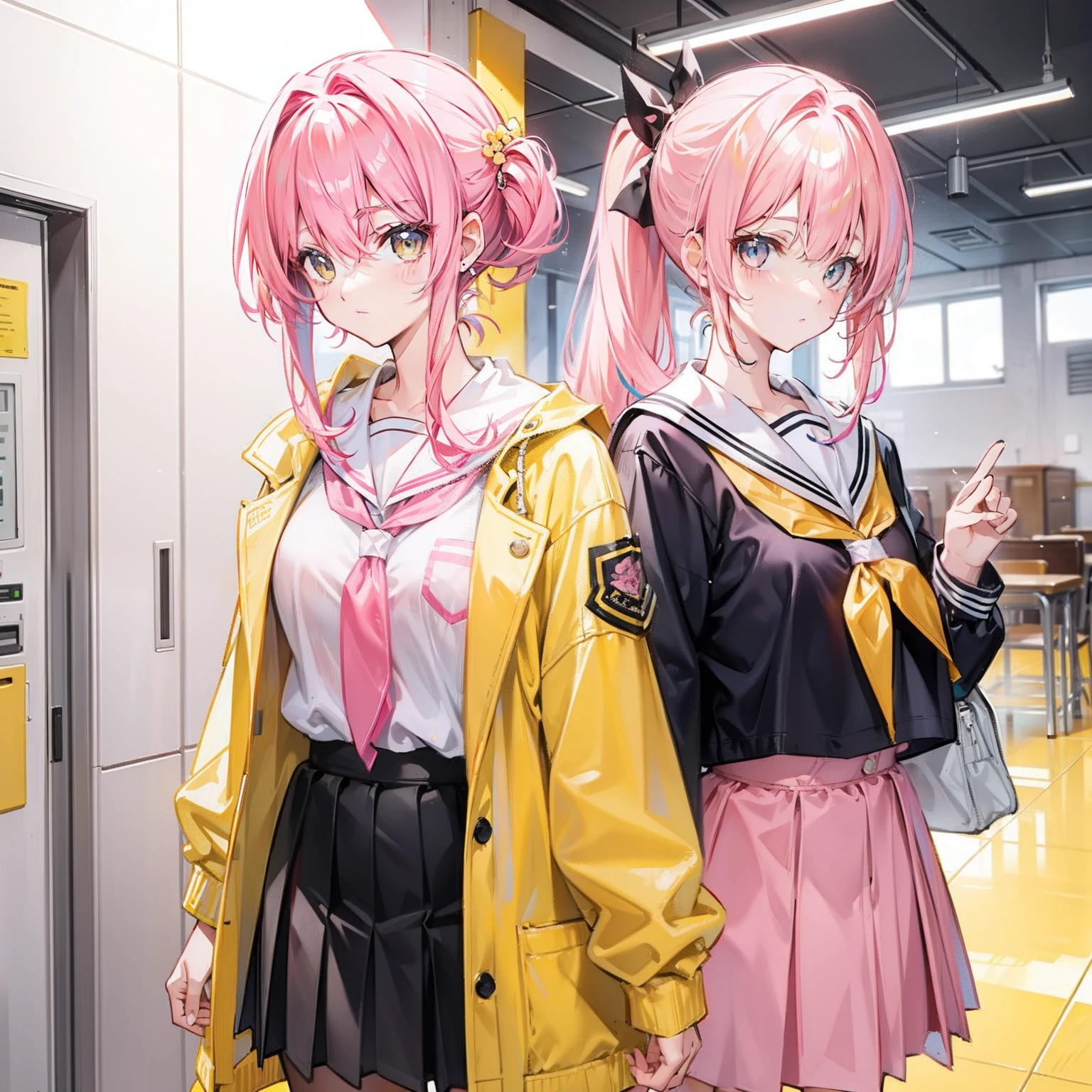 Pink yellow hair，high ponytails，Yellow pink jacket school uniform，Tall and sweet girl